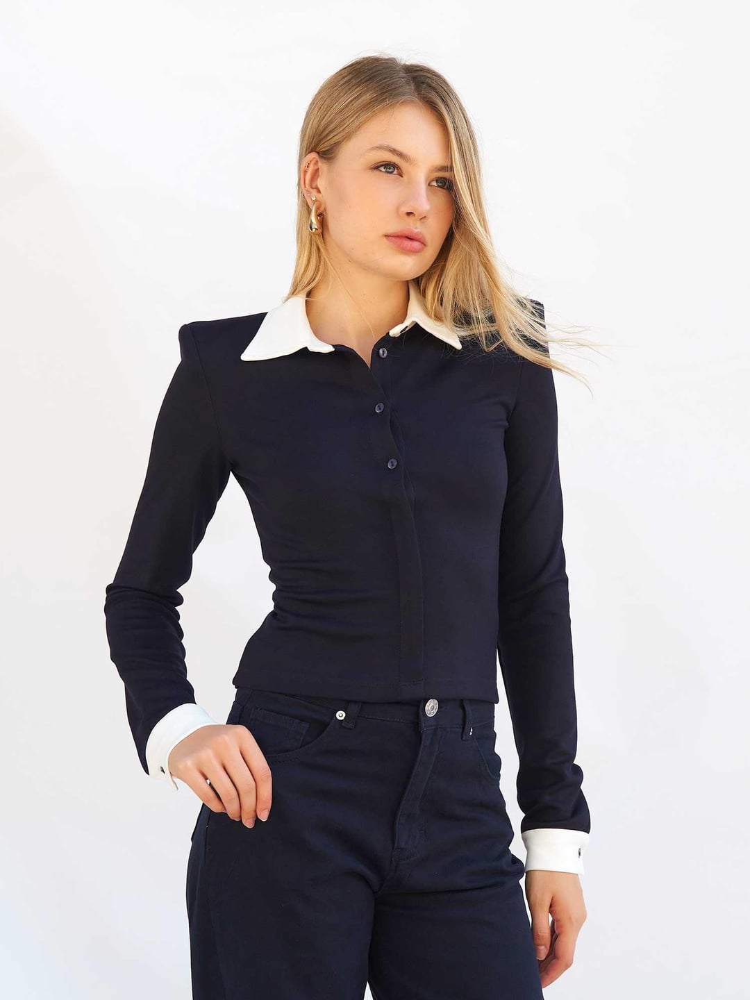 Navy Blue Long-Sleeve Collared Knit Blouse - Lefon - by Peralane - photo 8