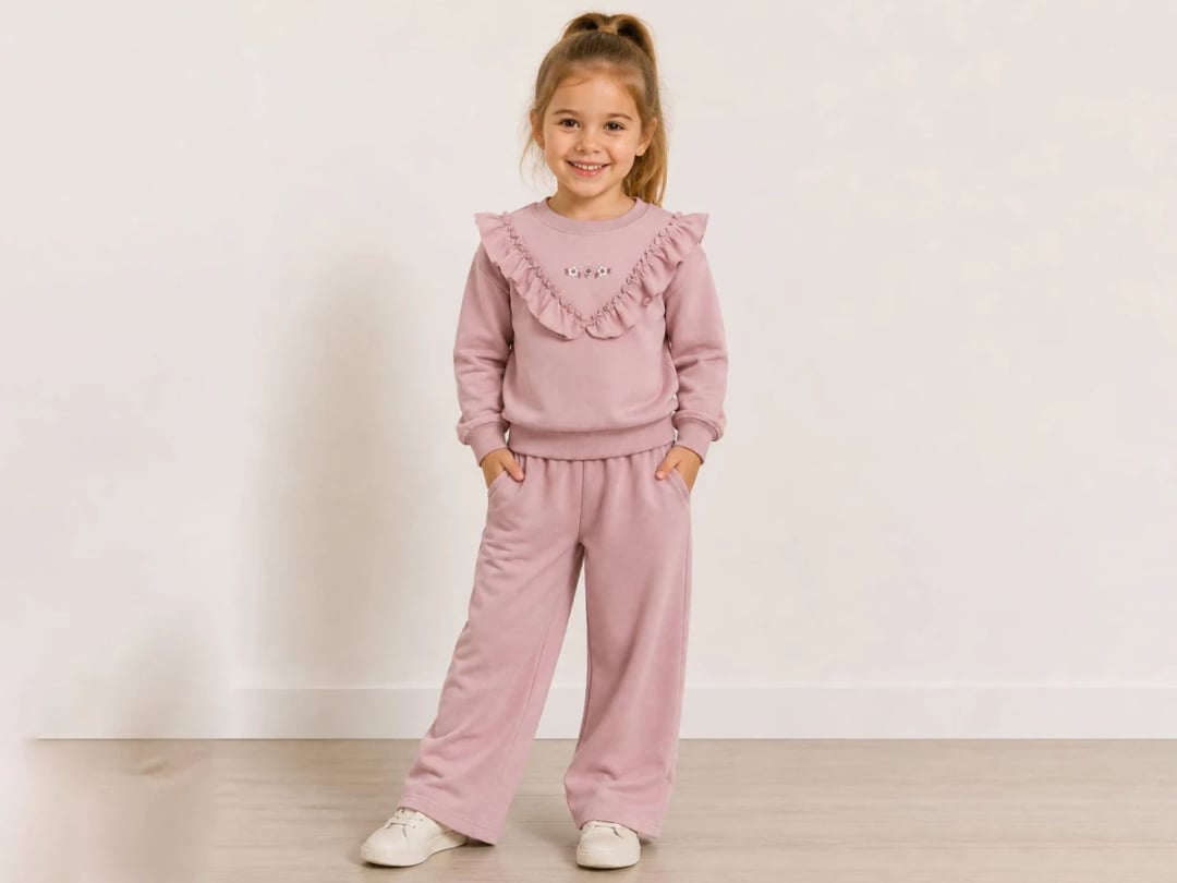Girls' Floral Embroidered Ruffle Detail Sweatshirt and Trousers Set in Rose Pink - Ecolkiz - by Peralane