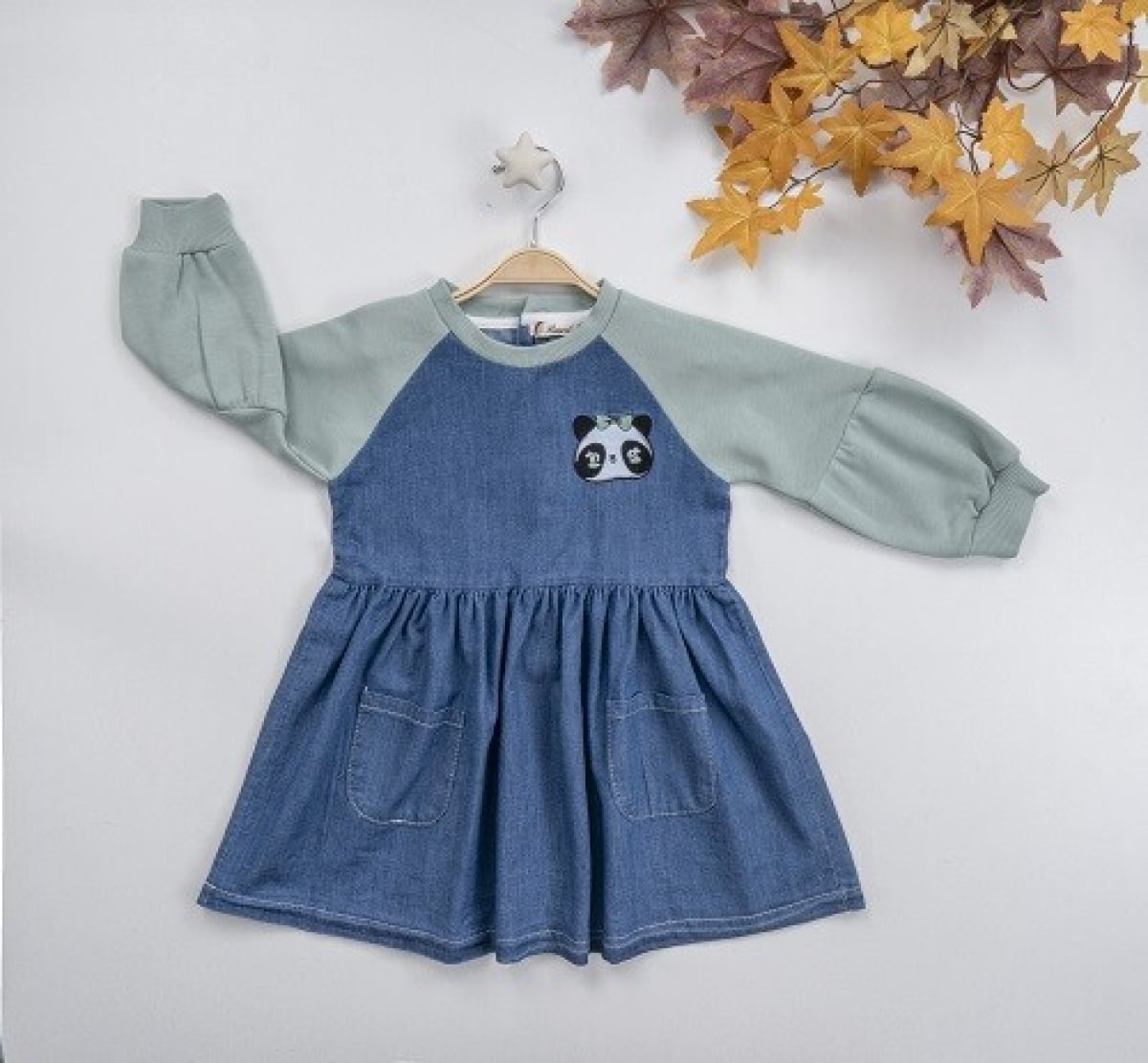 Panda Print Denim Dress with Knit Sleeves - 4 Pack (3-6 Years) - Busra Bebe - by Peralane
