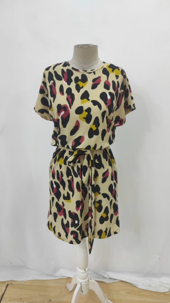 Women's Short Sleeve Round Neck Belted Leopard Print Suprem Dress - Janes - by Peralane