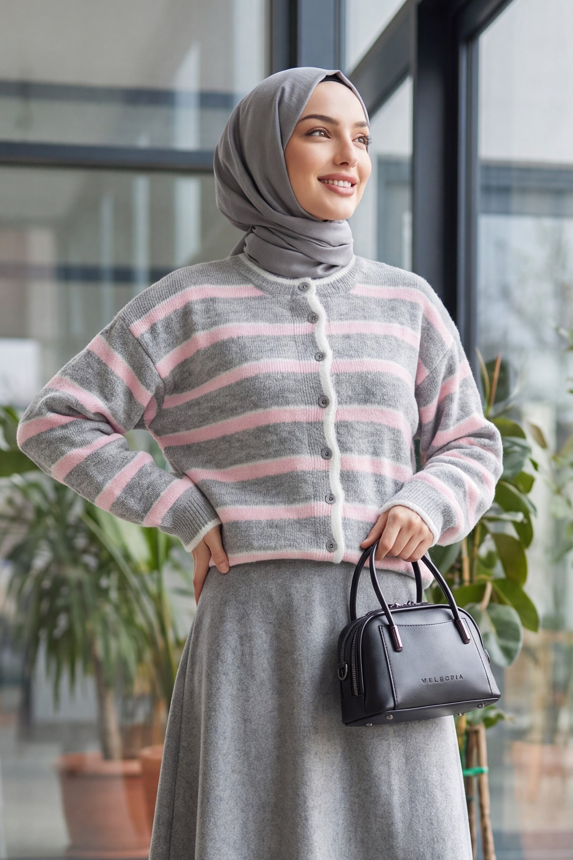 Women's Round Neck Striped Knit Cardigan - Pink - Podyumplus - by Peralane - photo 3