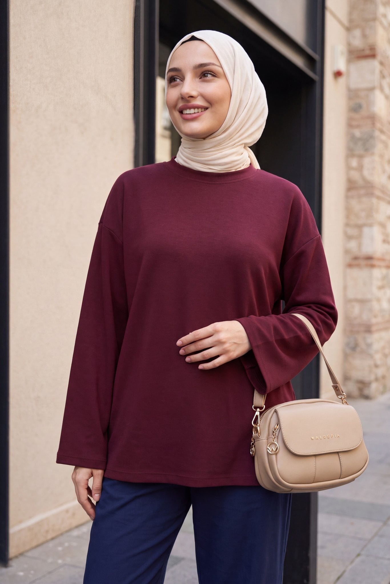 Bisiklet Yaka Oversize Likralı Sweat - Mürdüm - Podyumplus - by Peralane - photo 4