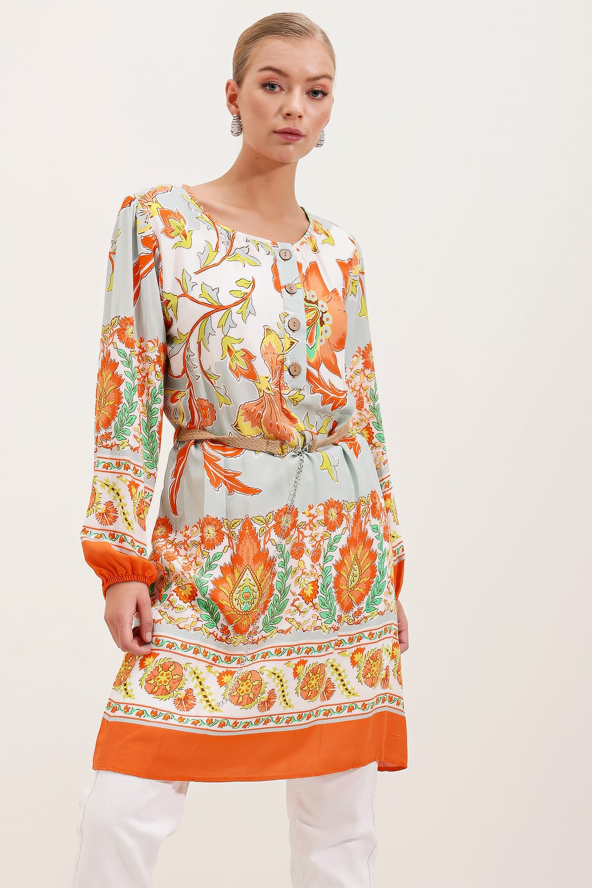 Belted Floral Print Long-Sleeve Dress in Orange - Bigdart - by Peralane - photo 4