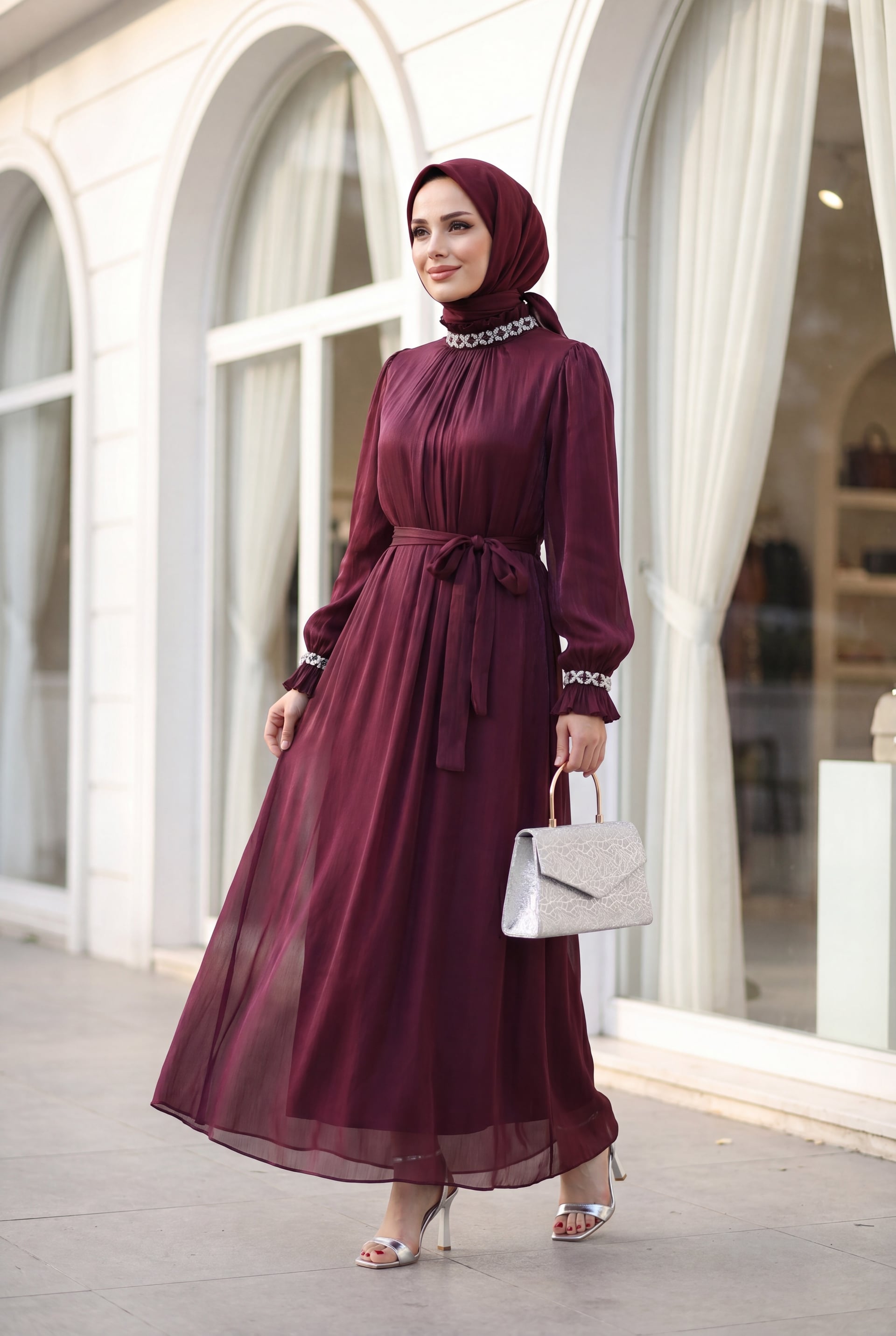 Jeweled Neck and Cuff Balloon Sleeve Belted Shimmer Chiffon Evening Dress in Burgundy - Podyumplus - by Peralane - photo 3