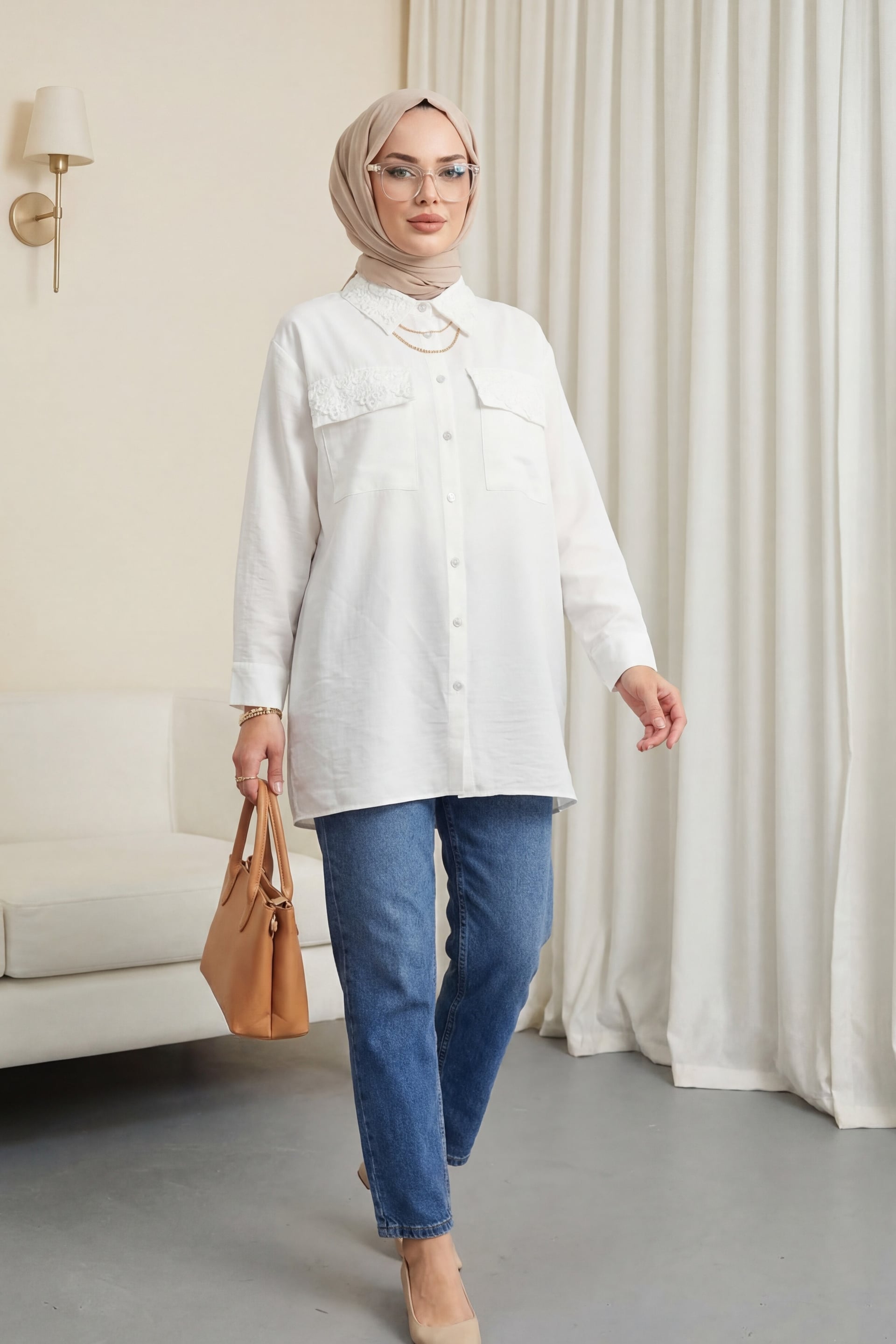 White Lace Detail Shirt with Collar and Pockets - Podyumplus - by Peralane - photo 2