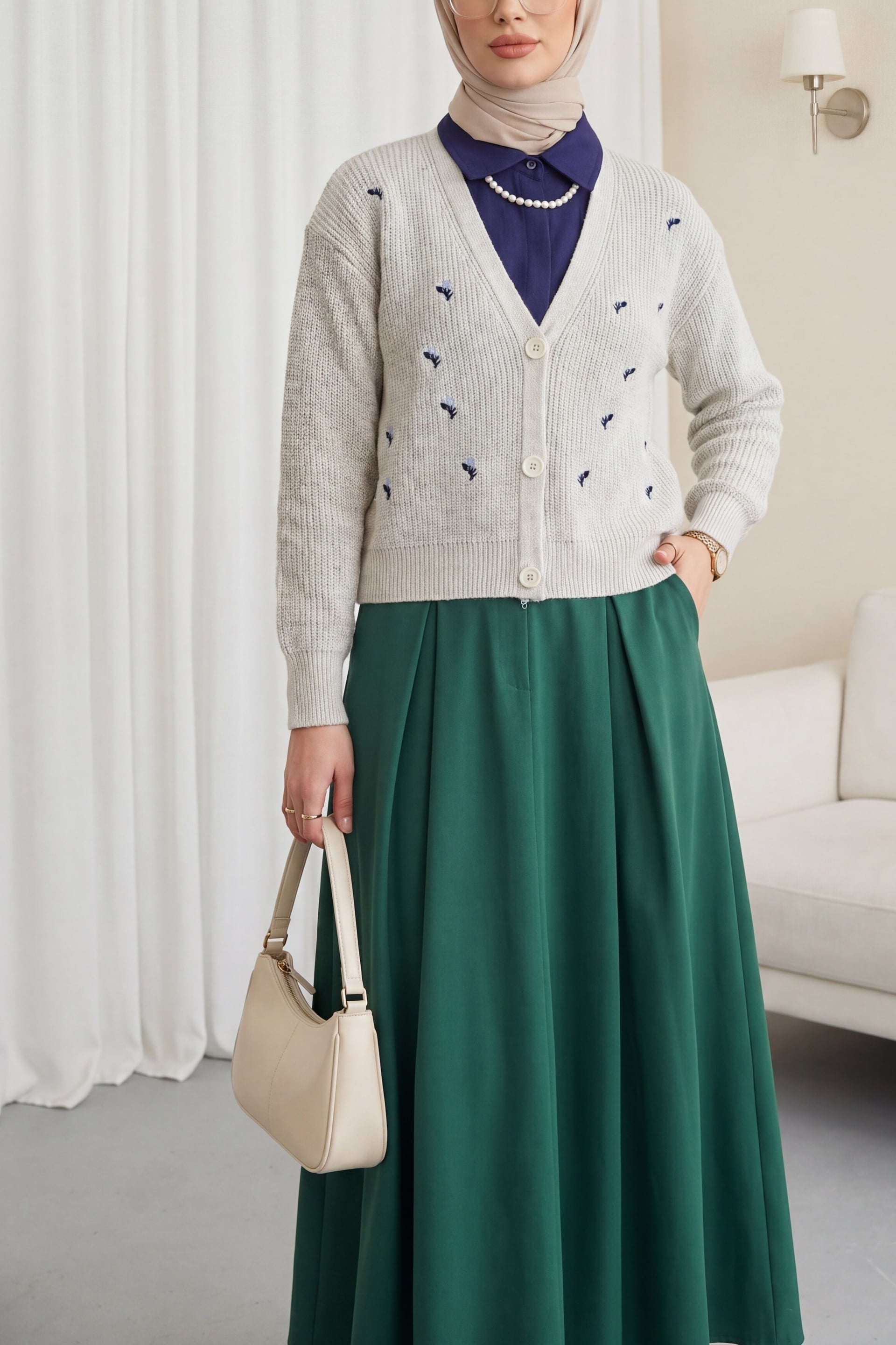 Embroidered Three-Button Waist-Length Cardigan - Stone - Podyumplus - by Peralane