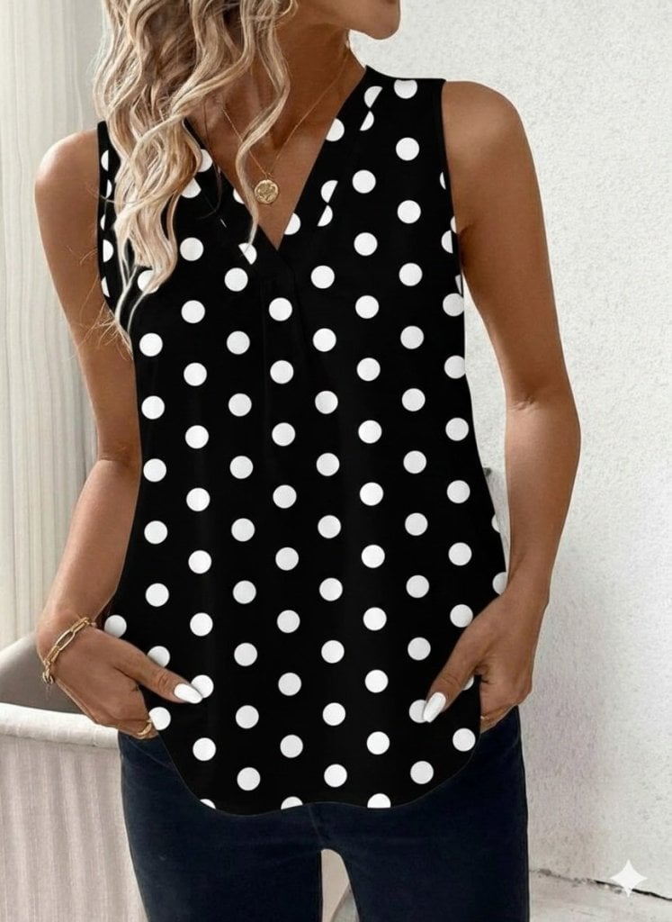 Women's Sleeveless V-Neck Polka Dot Suprem Top, Black - Janes - by Peralane - photo 2