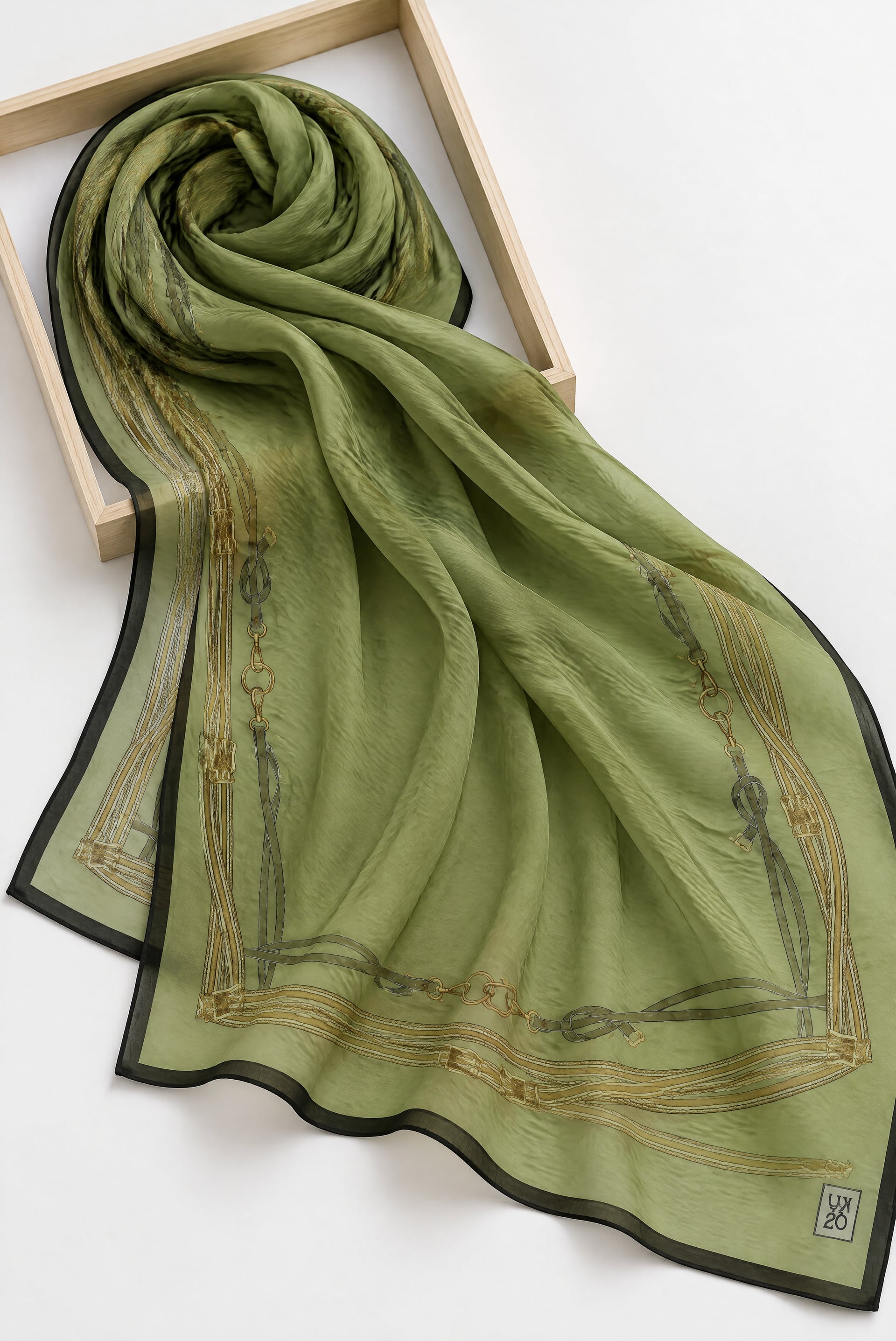 Belt Pattern Silk Scarf - Oil Green - Podyumplus - by Peralane