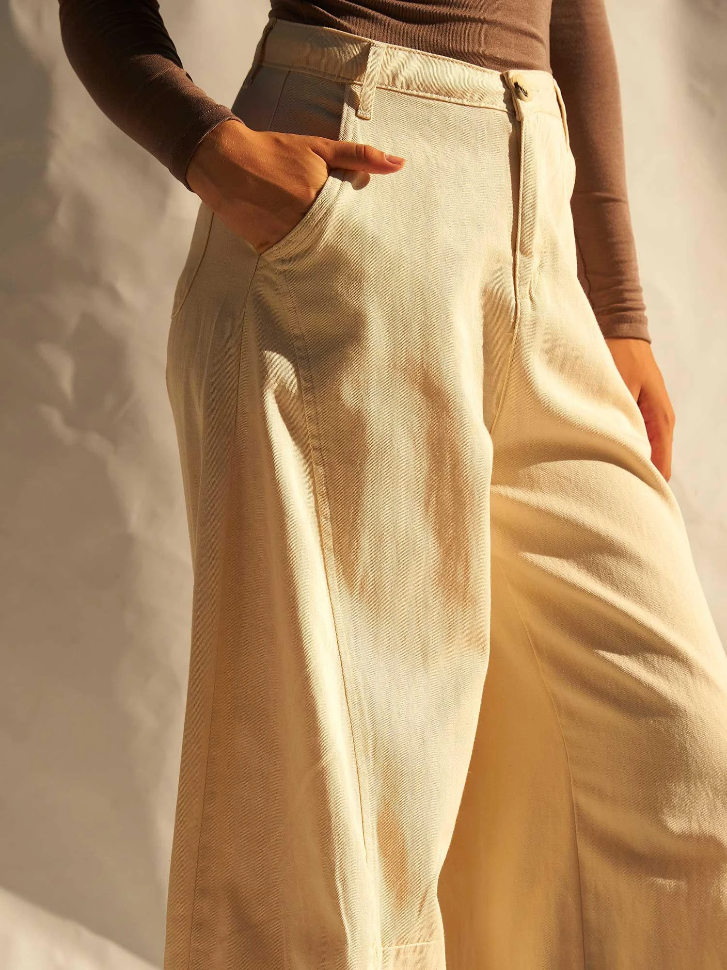 Women's High-Waist Wide-Leg Cotton Twill Trousers – Cream - Lefon - by Peralane - photo 7