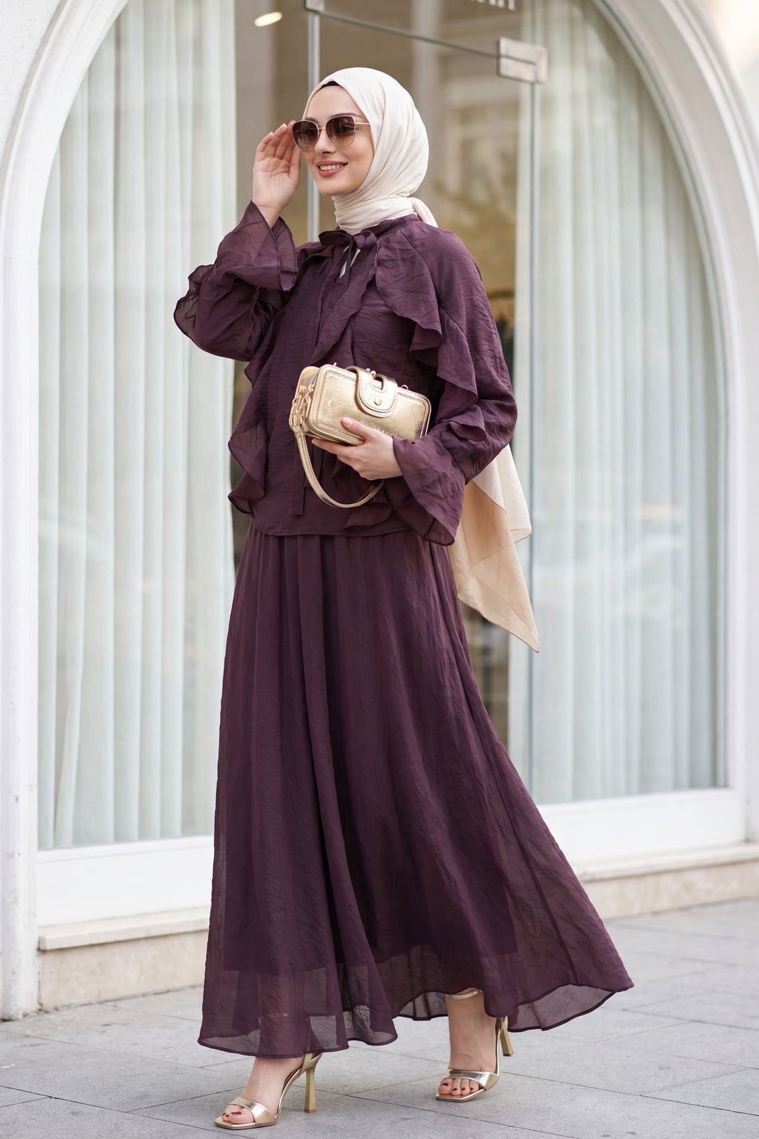 Tie-Neck Frill Front Lined Tulle Modal Modest Co-ord Set in Deep Plum - Podyumplus - by Peralane - photo 5