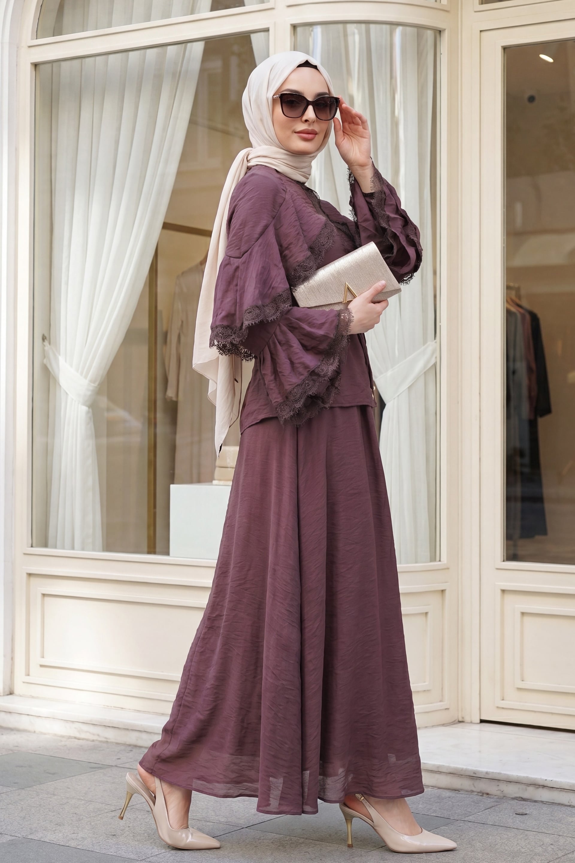 Lace Detail Spanish Sleeve Lined Belted Tulle Voile Skirt Set - Dark Plum - Podyumplus - by Peralane - photo 2