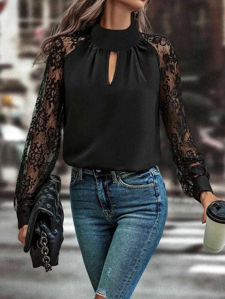 Women's Long Sleeve High Neck Keyhole Blouse with Lace Sleeves in Black - Janes - by Peralane