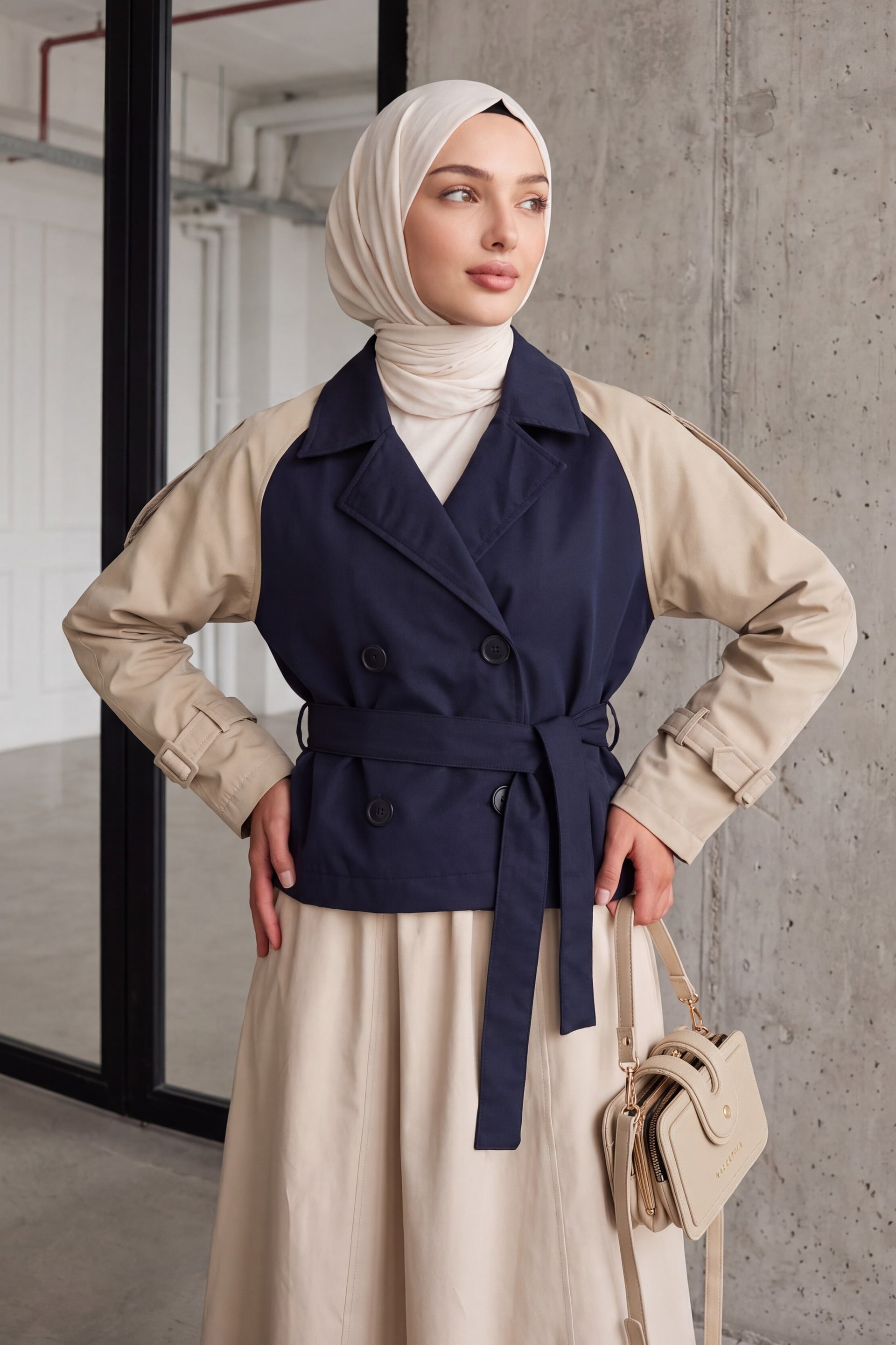 Women's Belted Short Trench Coat Navy/Beige Colorblock - Bigdart - by Peralane - photo 2