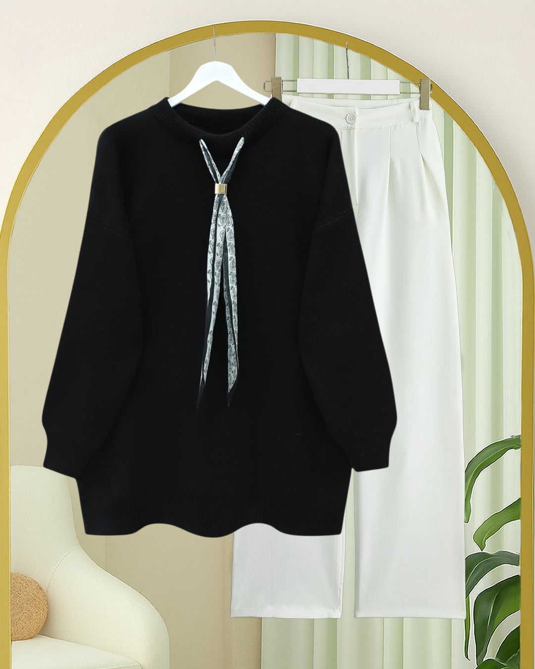 Round Neck Scarf Detail Oversized Knit Tunic - Black - Podyumplus - by Peralane - photo 3