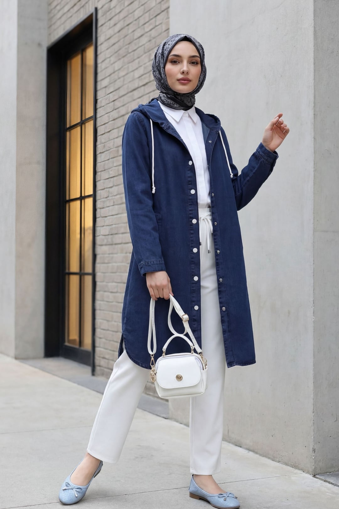 Women's Hooded Buttoned Oversized Denim Jacket in Dark Navy - Podyumplus - by Peralane - photo 3