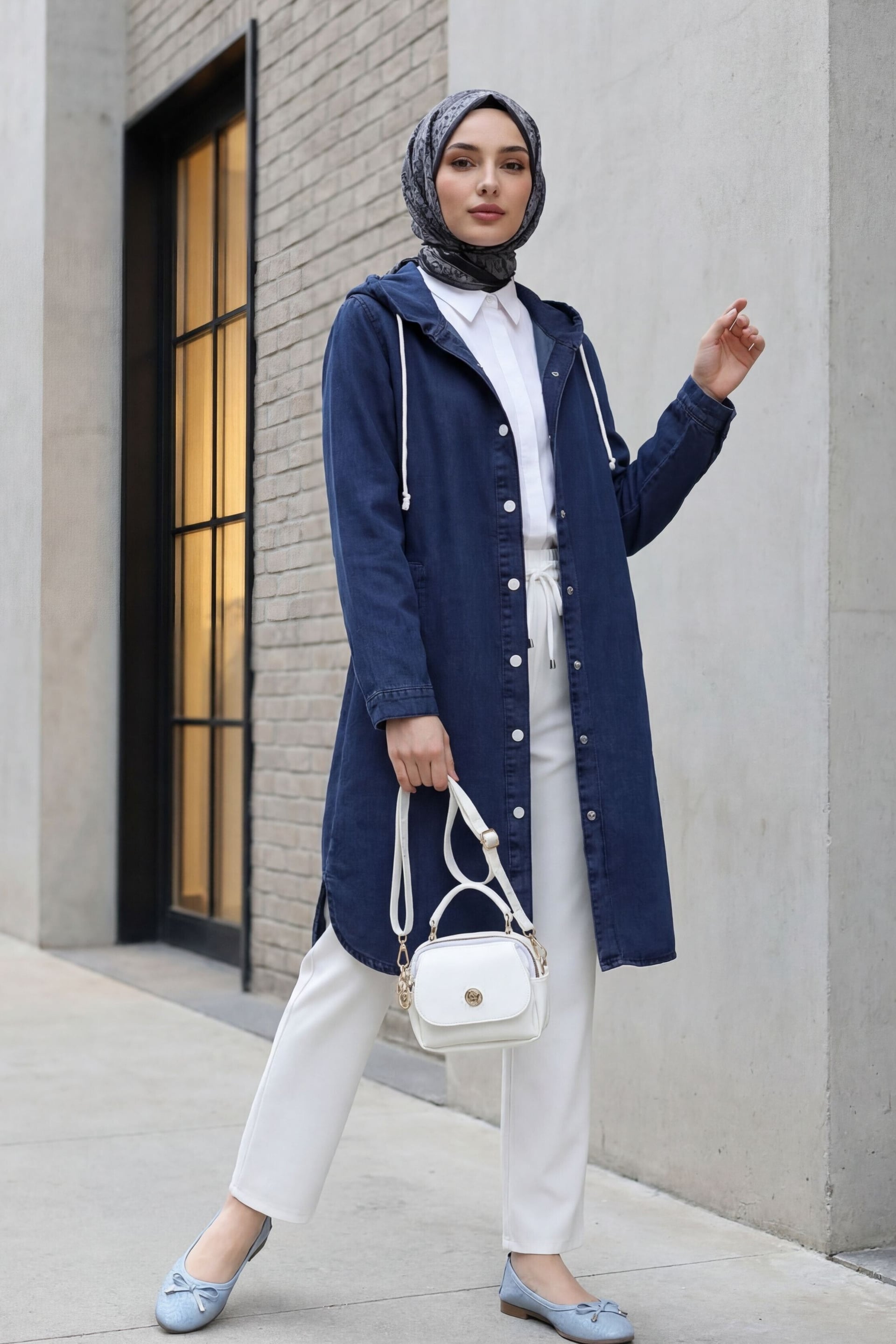 Women's Hooded Buttoned Oversized Denim Jacket in Dark Navy - Podyumplus - by Peralane - photo 3