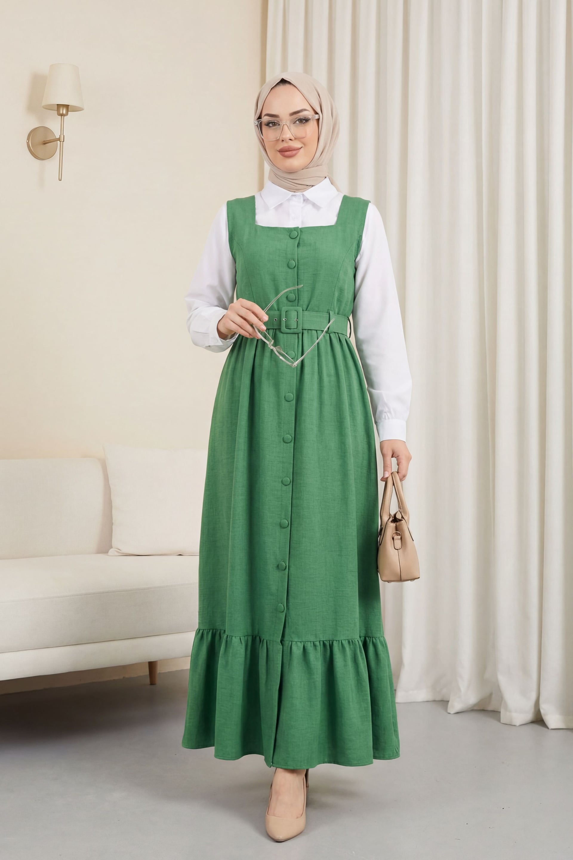 Green Pinafore Dress with Buttoned Front and Ruffled Hem - Podyumplus - by Peralane - photo 4