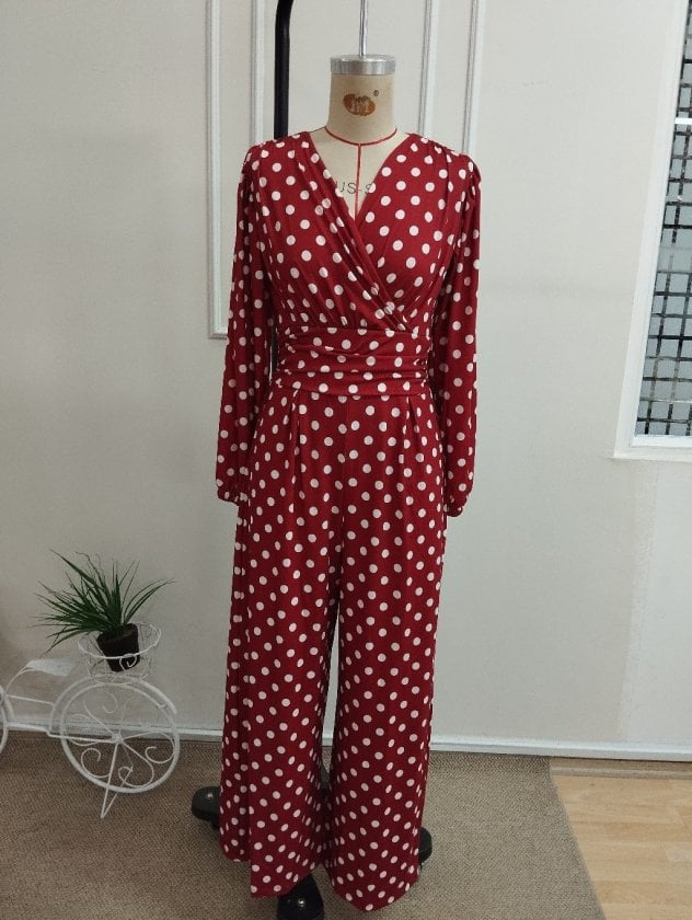 Women's Long-Sleeve Wrap V-Neck Belted Wide-Leg Polka Dot Jumpsuit - Janes - by Peralane - photo 4
