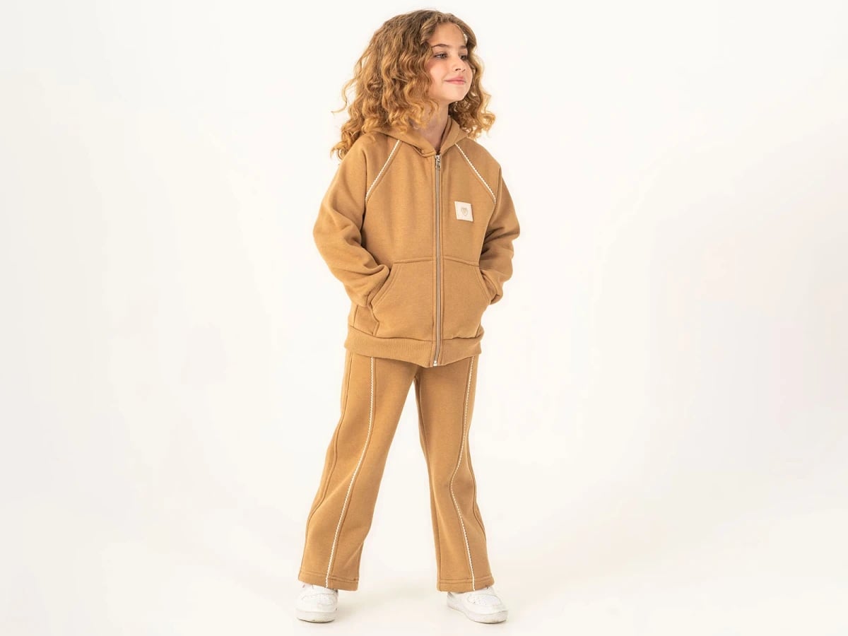 Girls' 3-Thread Brushed Knit Zip-Up Hoodie and Trousers Set with Lace Trim - Brown - Lumii - by Peralane
