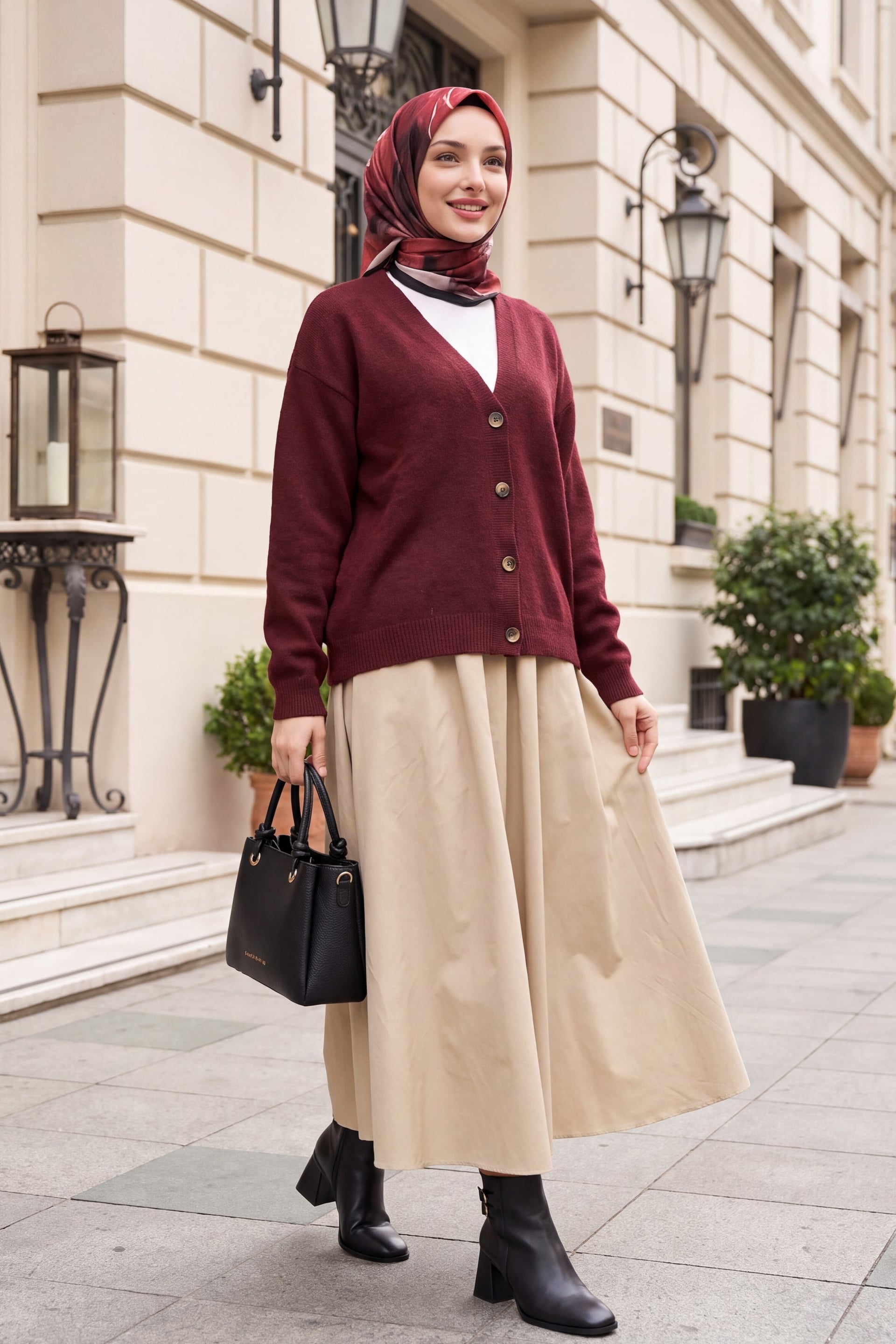 V-Neck Button-Front Cardigan - Burgundy - Podyumplus - by Peralane - photo 3