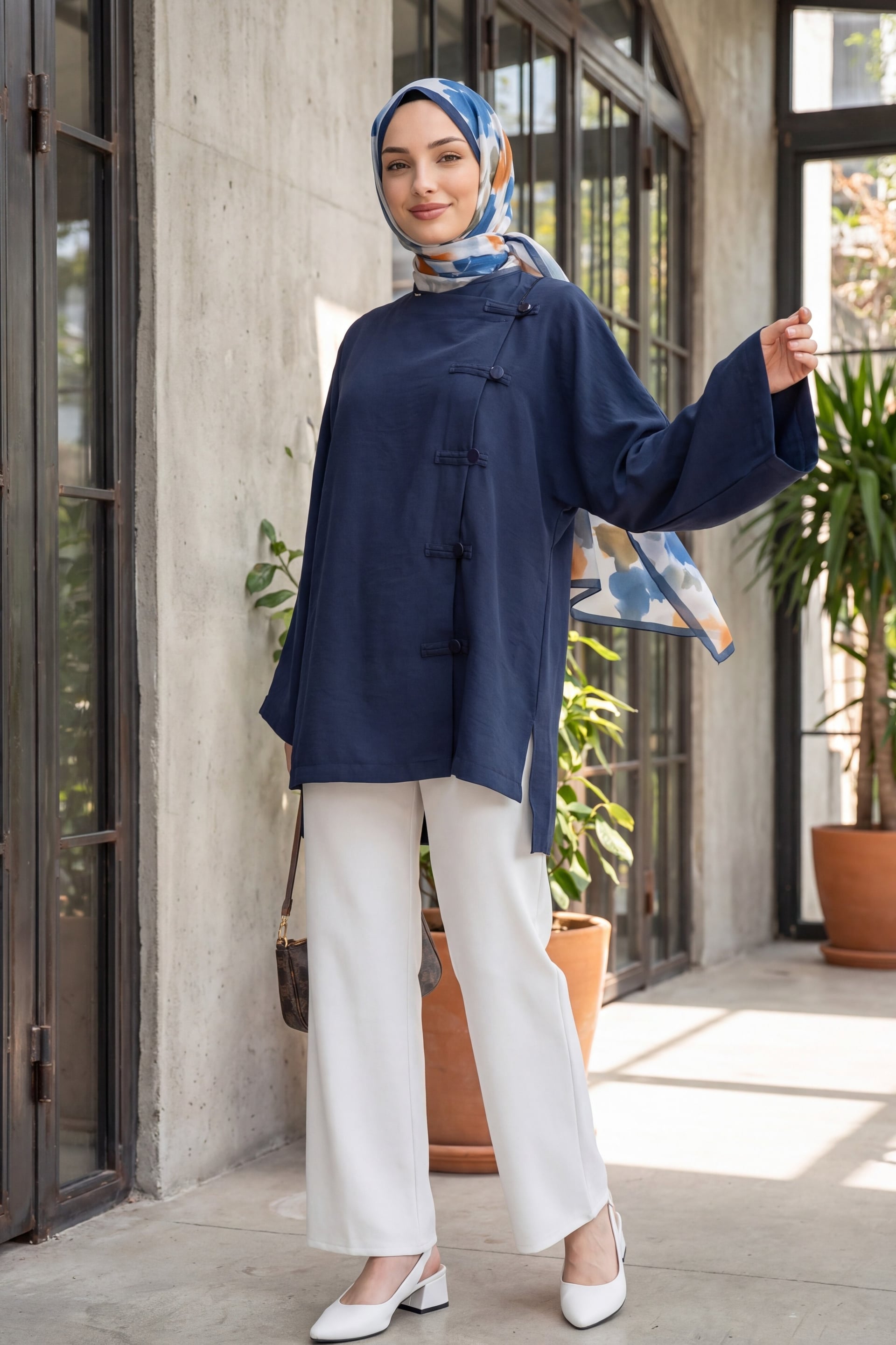 Round Neck Button Front Long Back Polyviscose Tunic - Navy - Podyumplus - by Peralane - photo 4