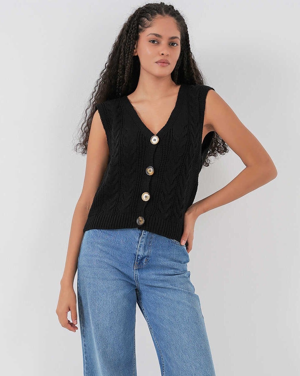 Black Buttoned Short Knitted Vest - Bigdart - by Peralane - photo 3