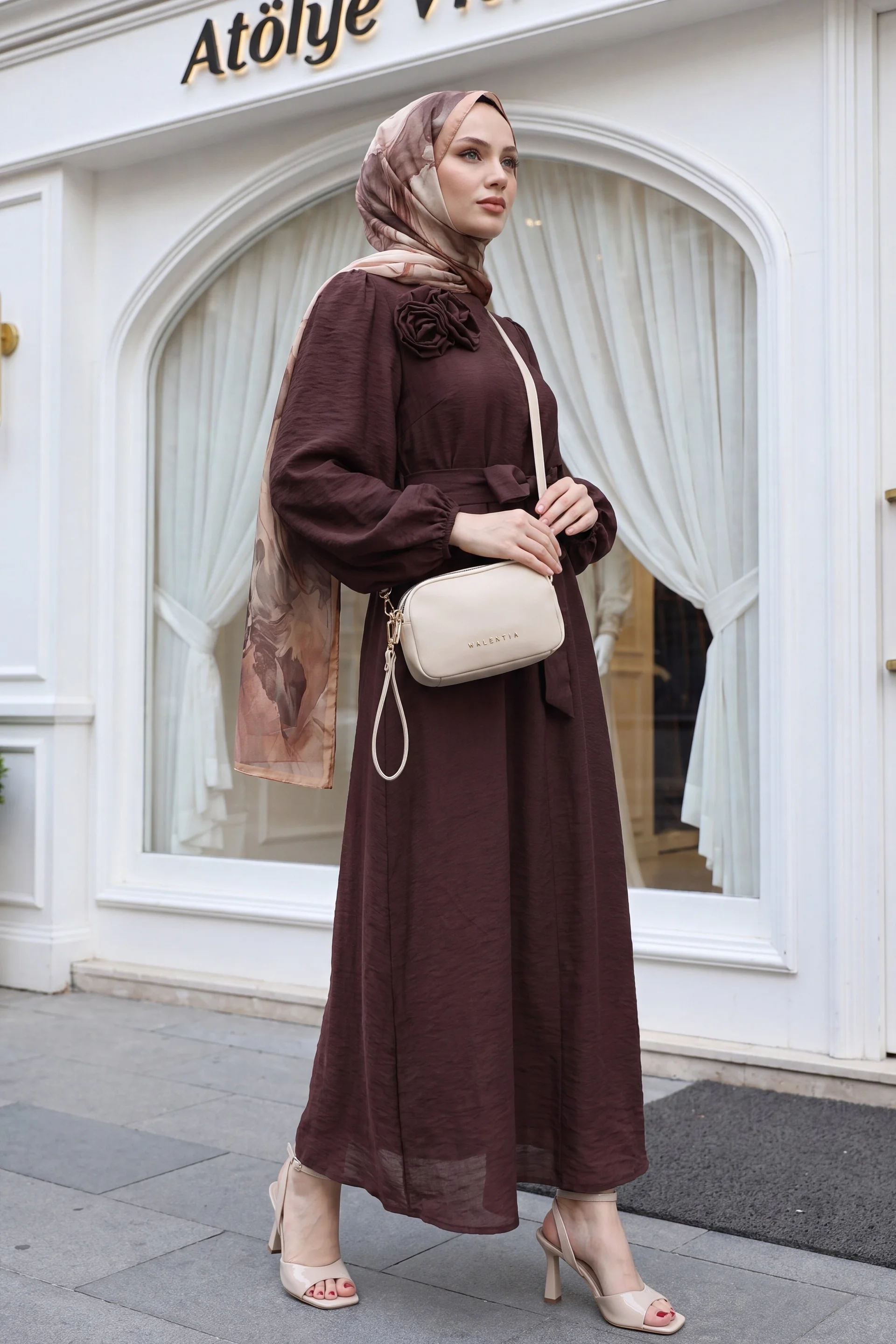 Brooch Detail Belted Lined Balloon Sleeve Tulle Voile Dress - Plum - Podyumplus - by Peralane - photo 2