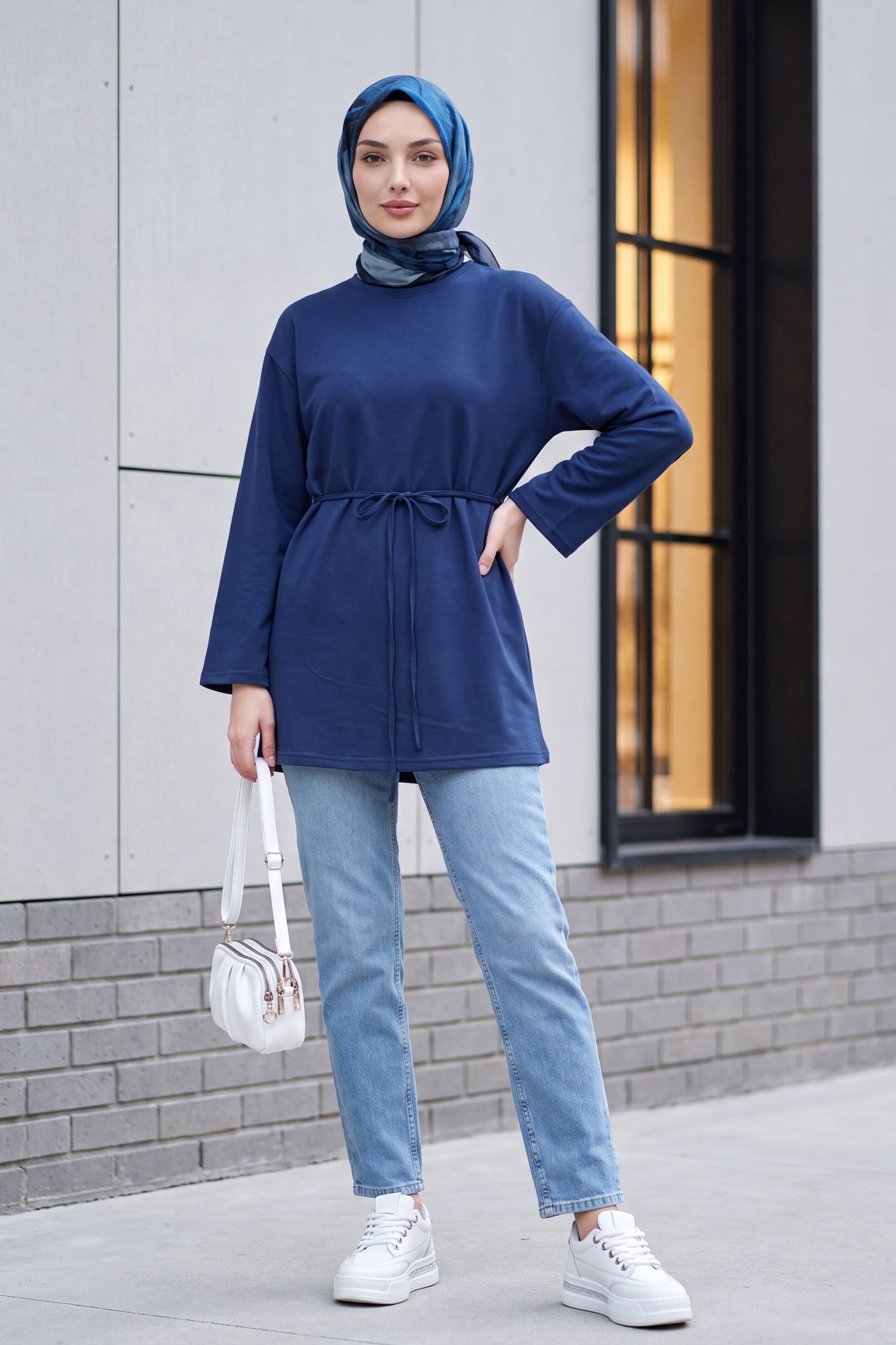 Women's Round Neck Tie-Waist Jersey Tunic - Navy - Podyumplus - by Peralane - photo 7