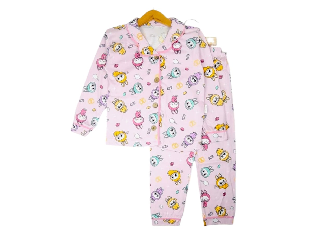 Girls Printed Pyjama Set with Cartoon Characters - Pink - Supermini - by Peralane