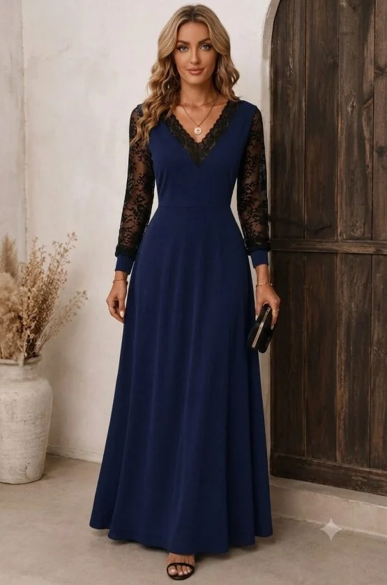 Women's Long Sleeve V-Neck Lace Trim Maxi Crepe Dress in Navy Blue - Janes - by Peralane - photo 3