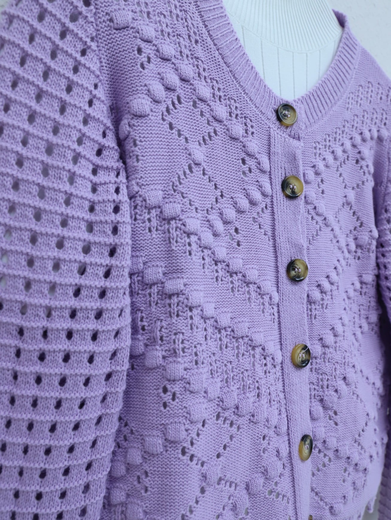 Lavender Open-Knit V-Neck Cardigan with Bone Buttons for Women - Podyumplus - by Peralane - photo 2