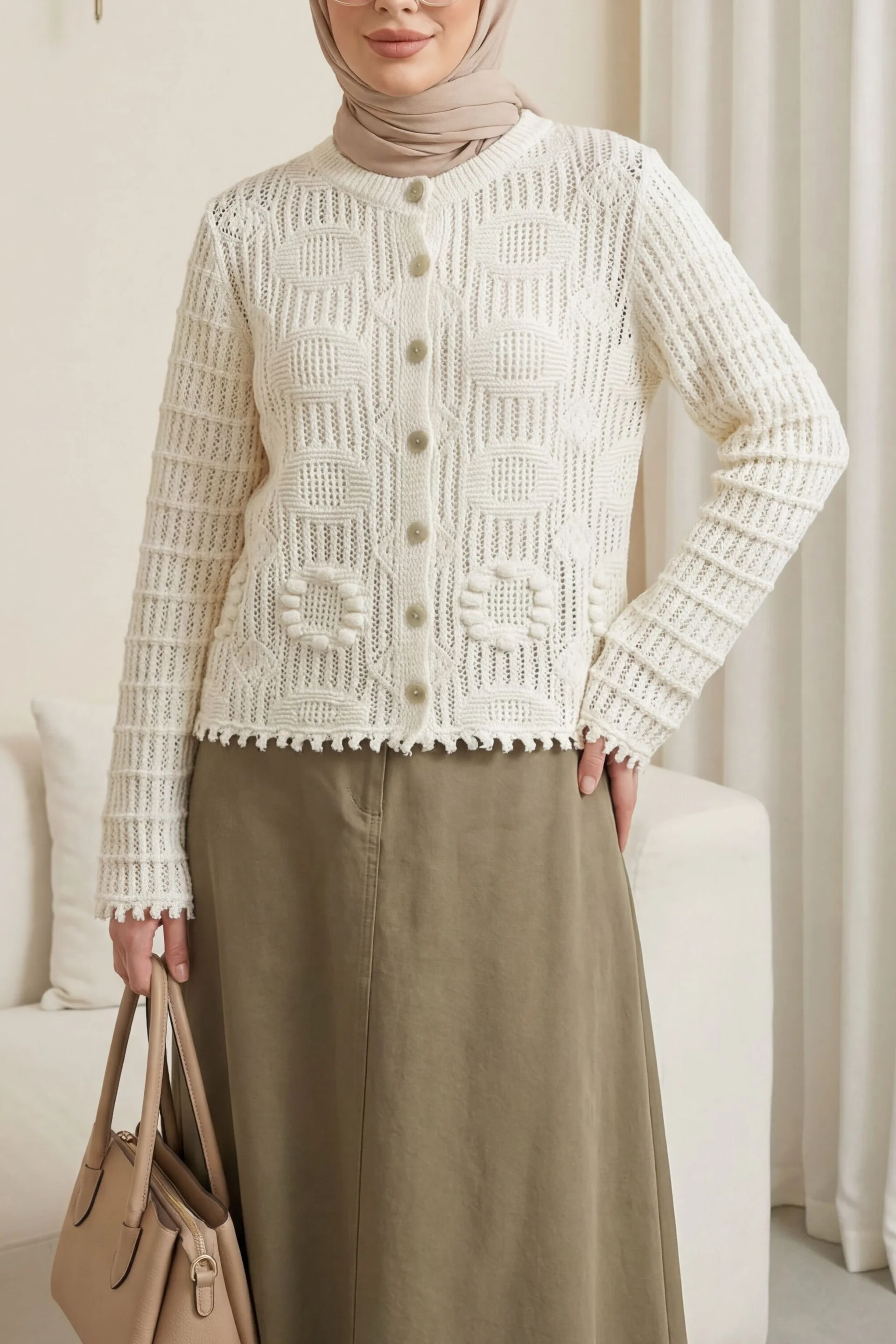 Oval Pattern Openwork Buttoned Knit Cardigan - Ecru - Podyumplus - by Peralane - photo 4