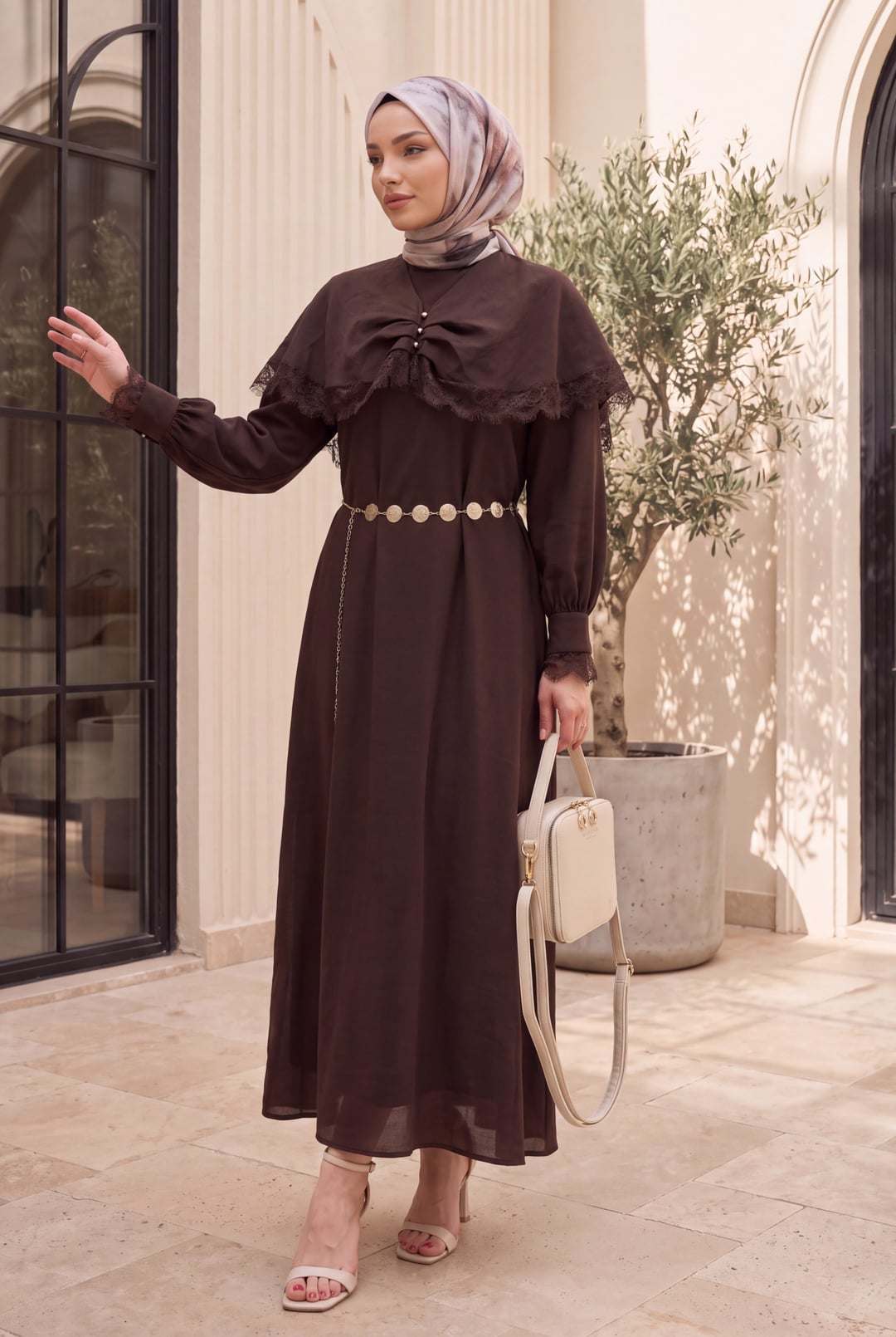 Lace Detail Cape Belted Lined Imported Ibiza Dress - Brown - Podyumplus - by Peralane - photo 4