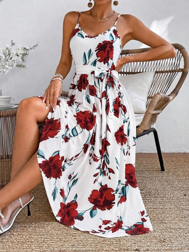 Women's Spaghetti Strap V-Neck Tie Waist Long Floral Suprem Dress - Janes - by Peralane