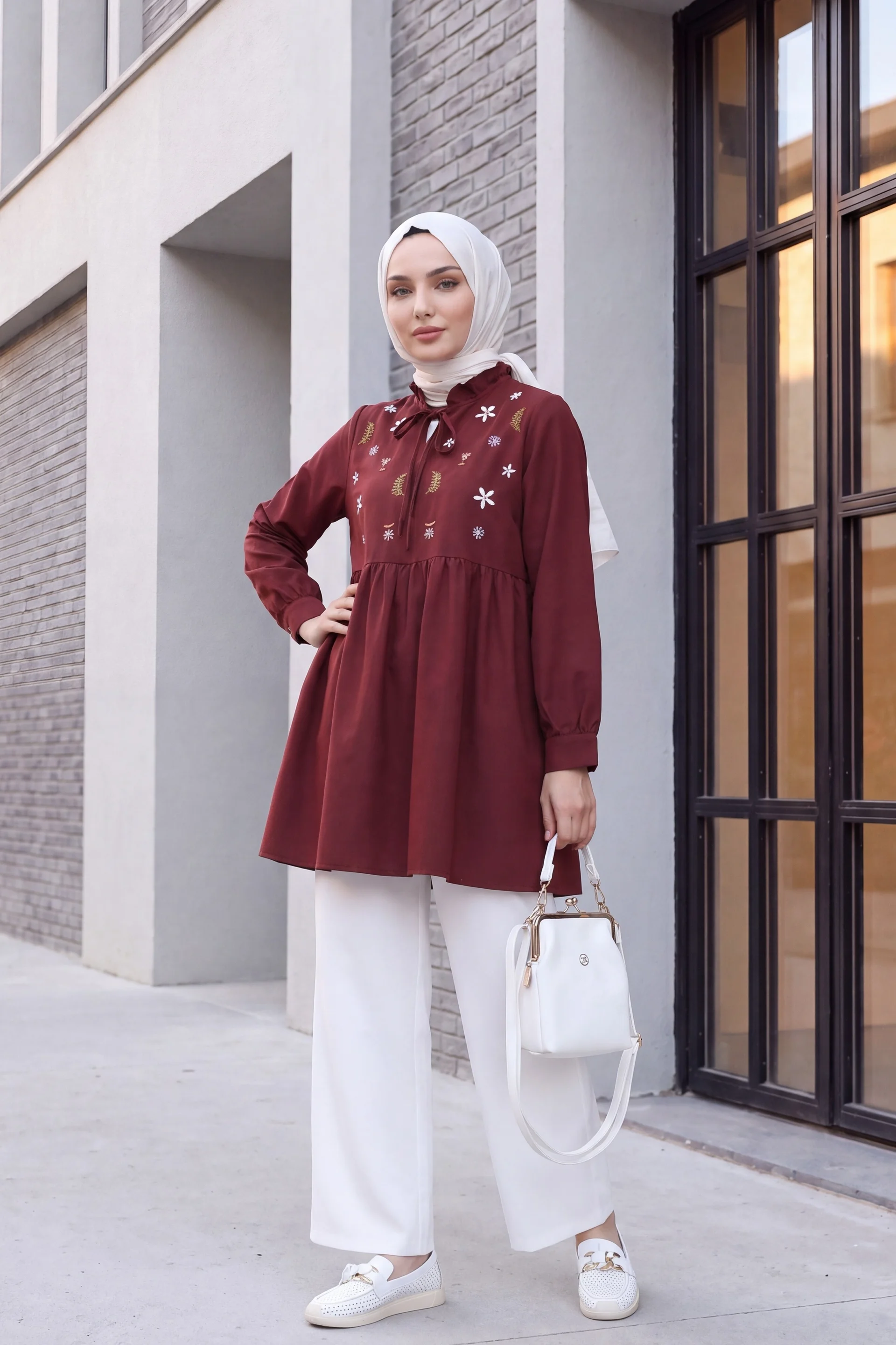 V-Neck Tie-Front Ruffled Floral Embroidered Poplin Tunic - Burgundy - Podyumplus - by Peralane - photo 3