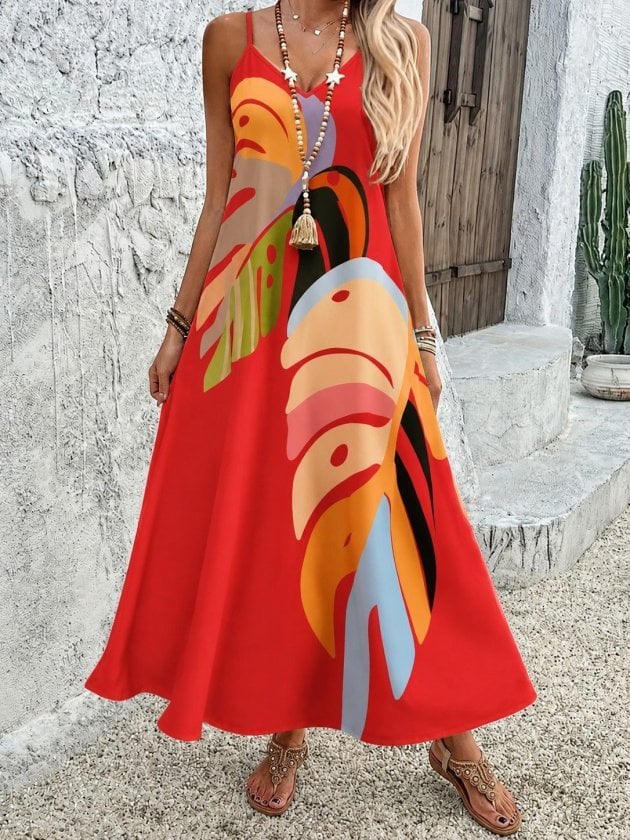 Women's Spaghetti Strap V-Neck Printed Maxi Dress - Janes - by Peralane - photo 2