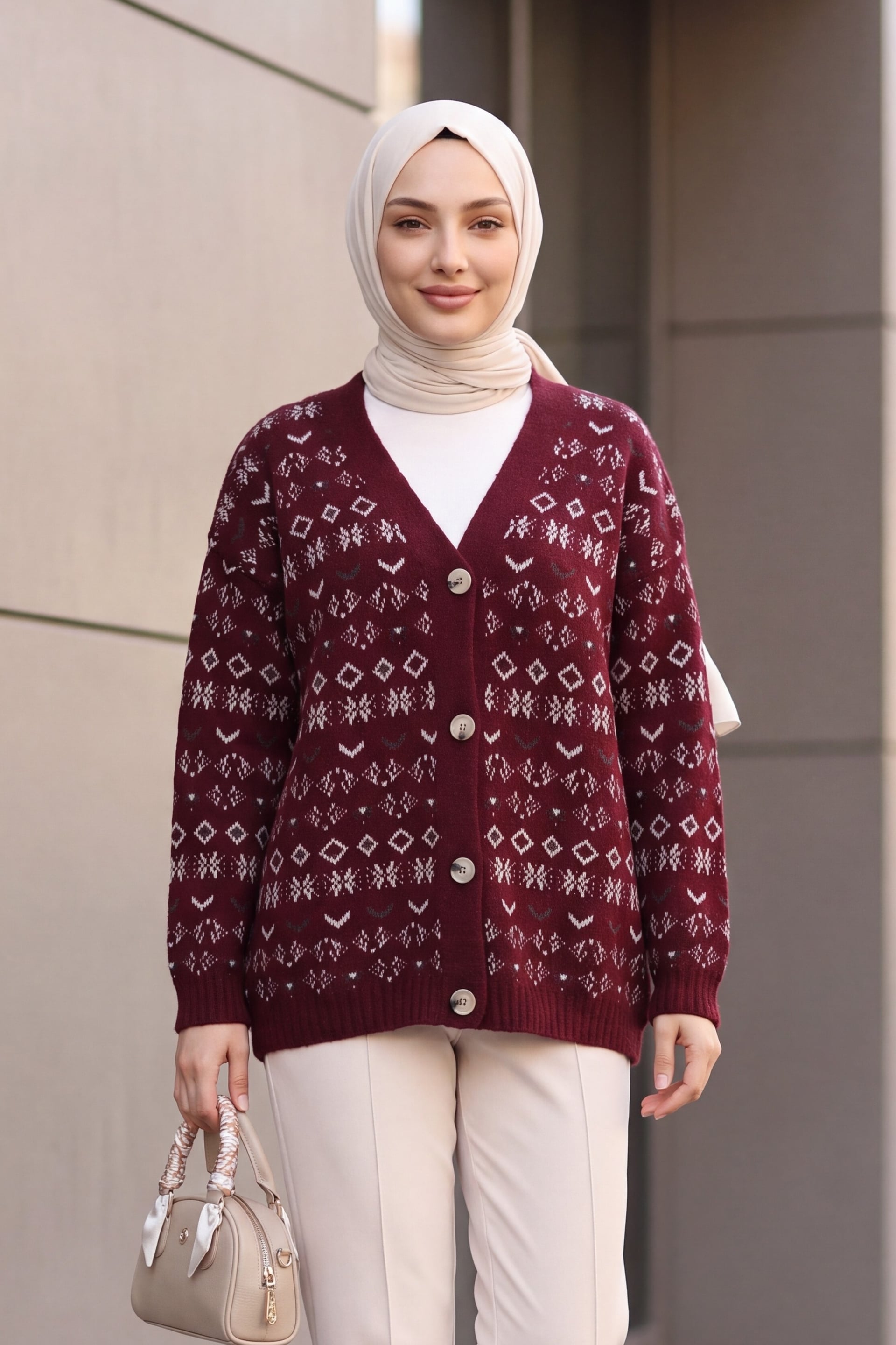 V-Neck Mixed Pattern Buttoned Knit Cardigan - Burgundy - Podyumplus - by Peralane