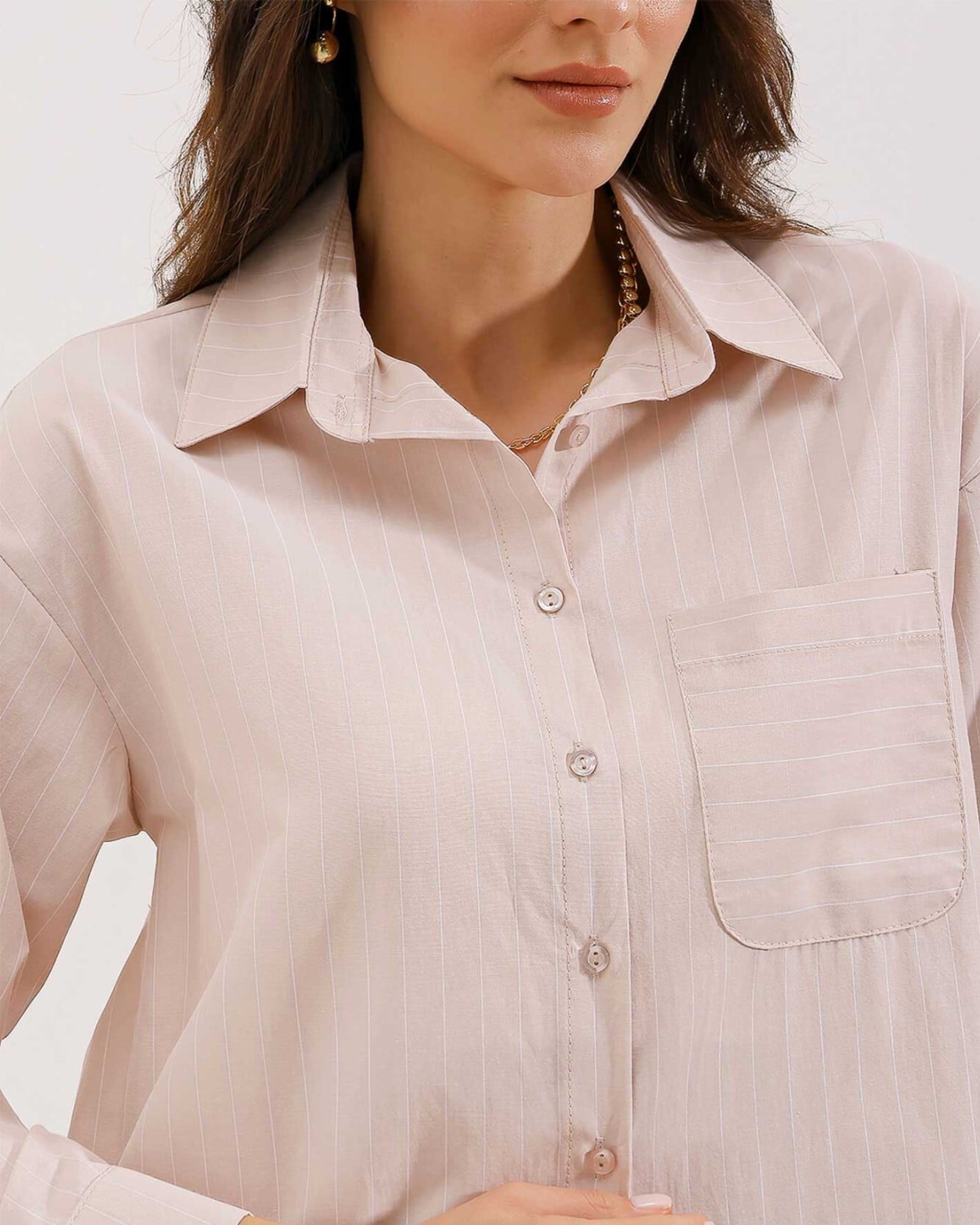 Striped Oversize Shirt with Pocket Detail - Beige - Bigdart - by Peralane - photo 6