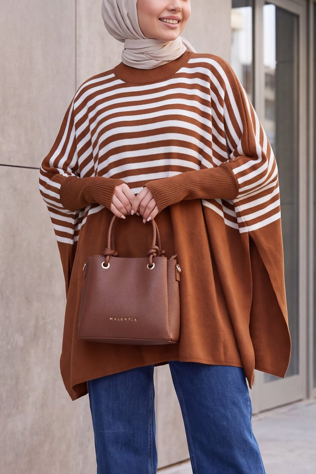 Suede Brown Oversize Poncho Sweater with Side Slits - Bigdart - by Peralane