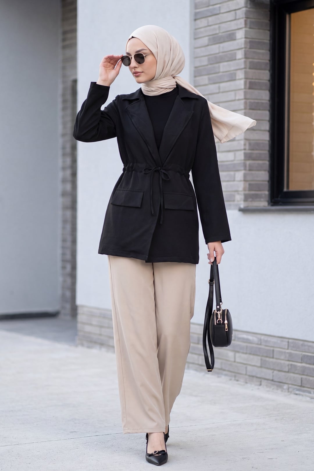 Tunnel Drawstring Pocket Detail Linen-Look Kimono - Black - Podyumplus - by Peralane - photo 2
