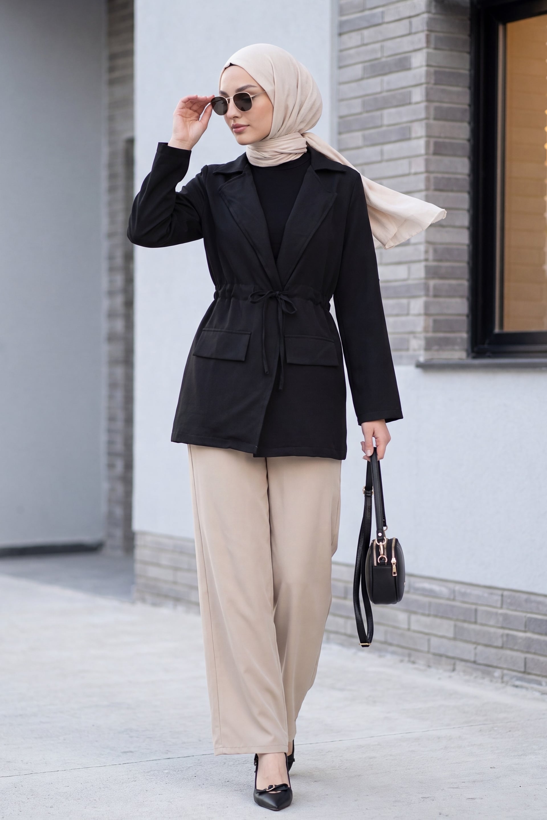 Tunnel Drawstring Pocket Detail Linen-Look Kimono - Black - Podyumplus - by Peralane - photo 2