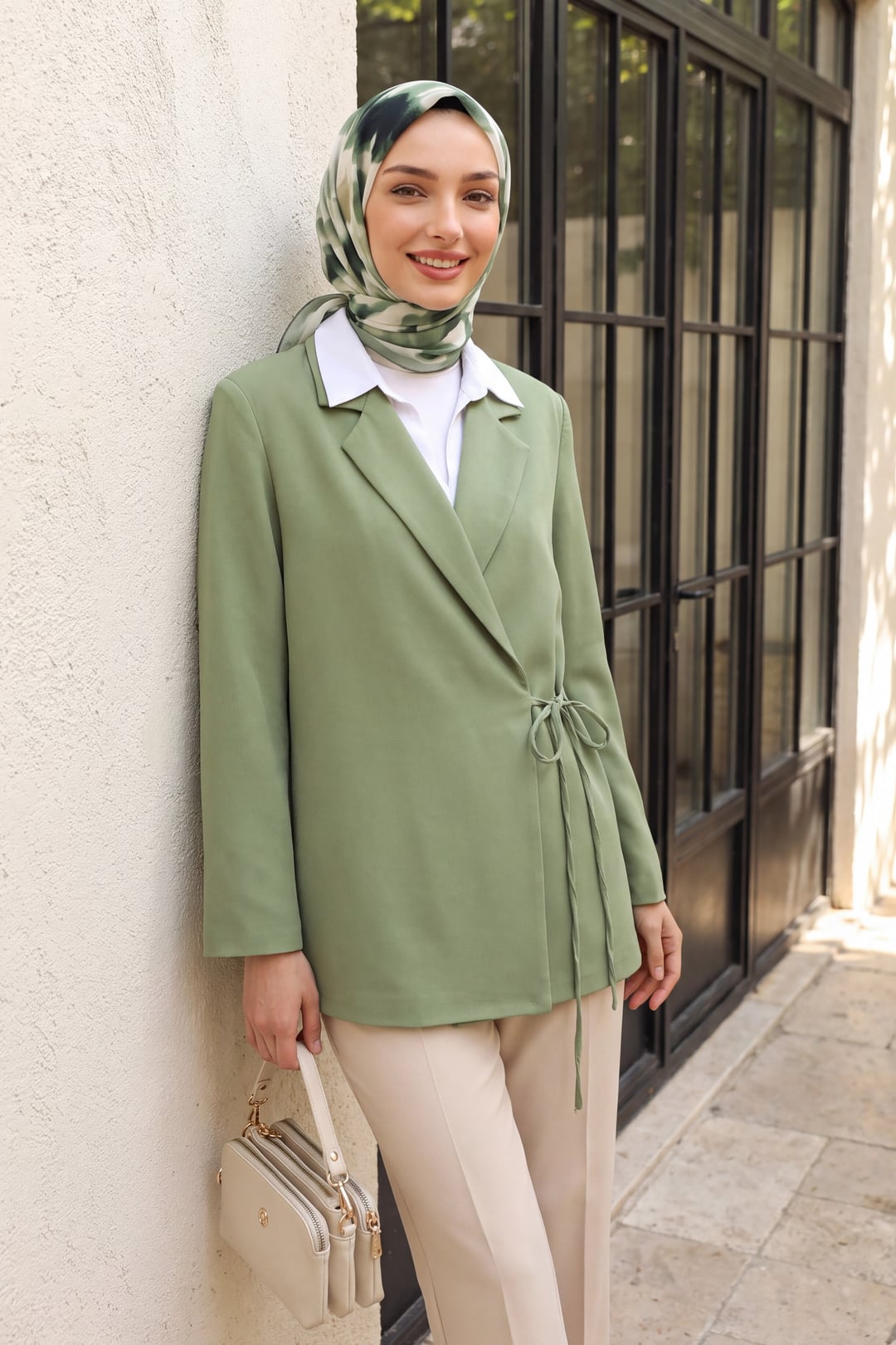 Side-Laced Back-Slit Lined Double Crepe Jacket - Sage Green - Podyumplus - by Peralane - photo 3