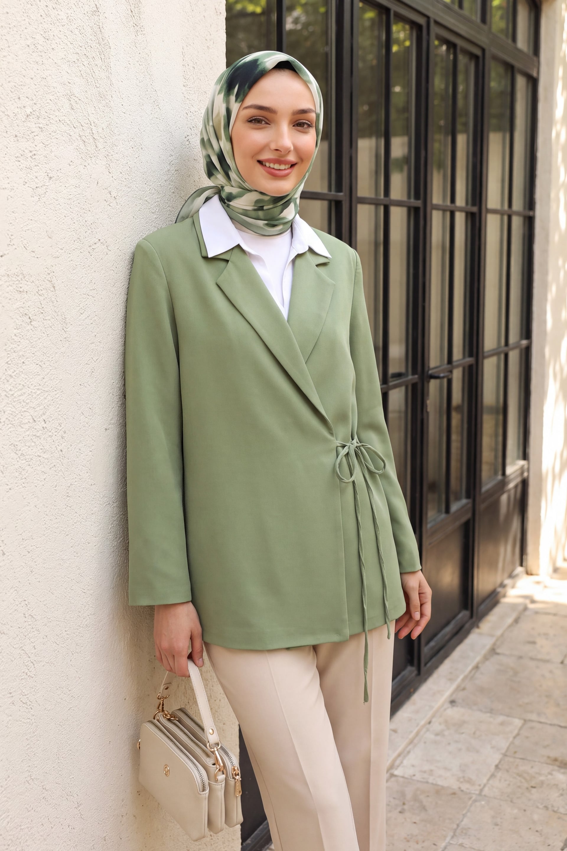 Side-Laced Back-Slit Lined Double Crepe Jacket - Sage Green - Podyumplus - by Peralane - photo 3