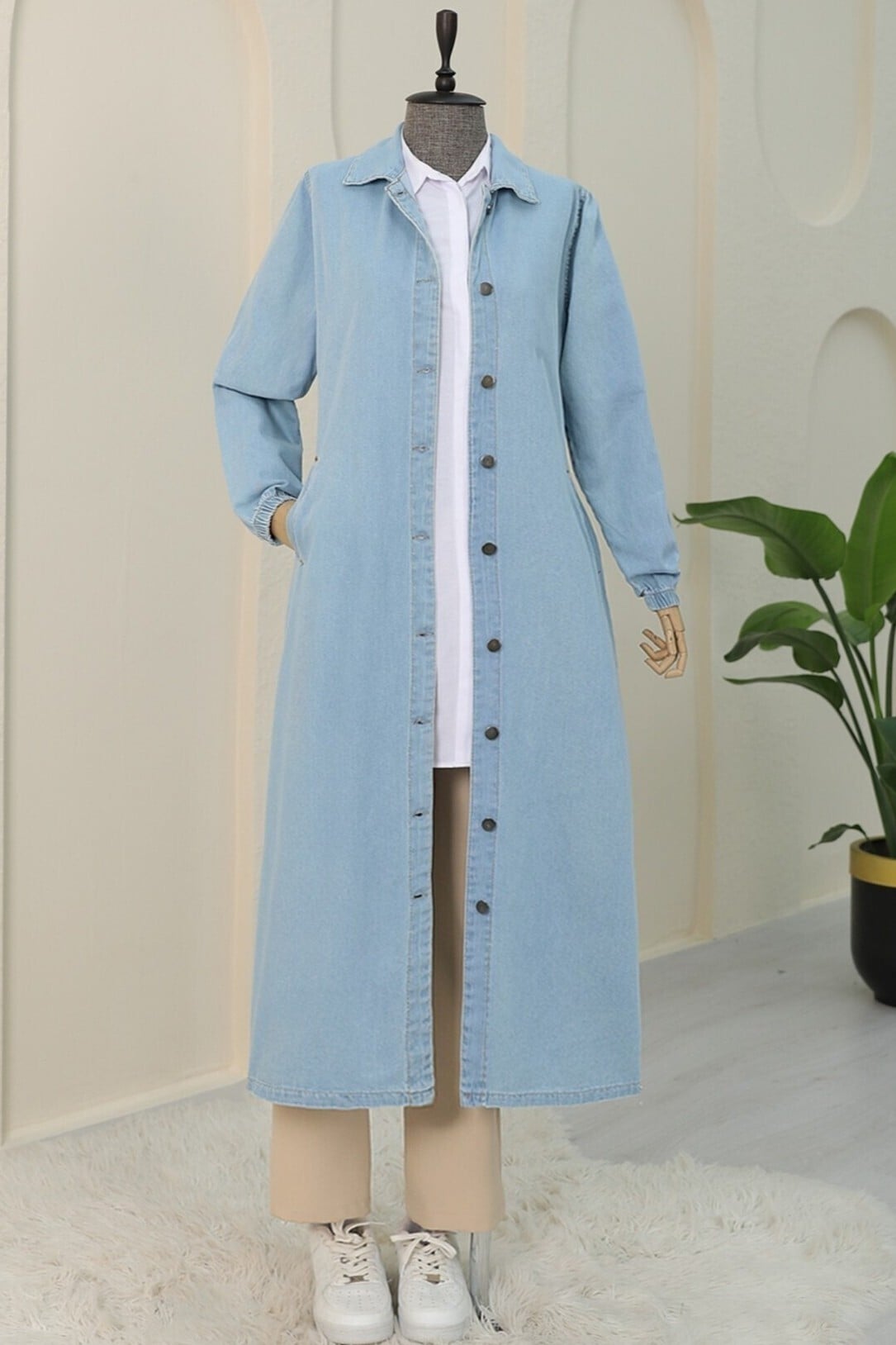 Light Blue Long Denim Jacket with Elasticated Cuffs - Podyumplus - by Peralane - photo 3