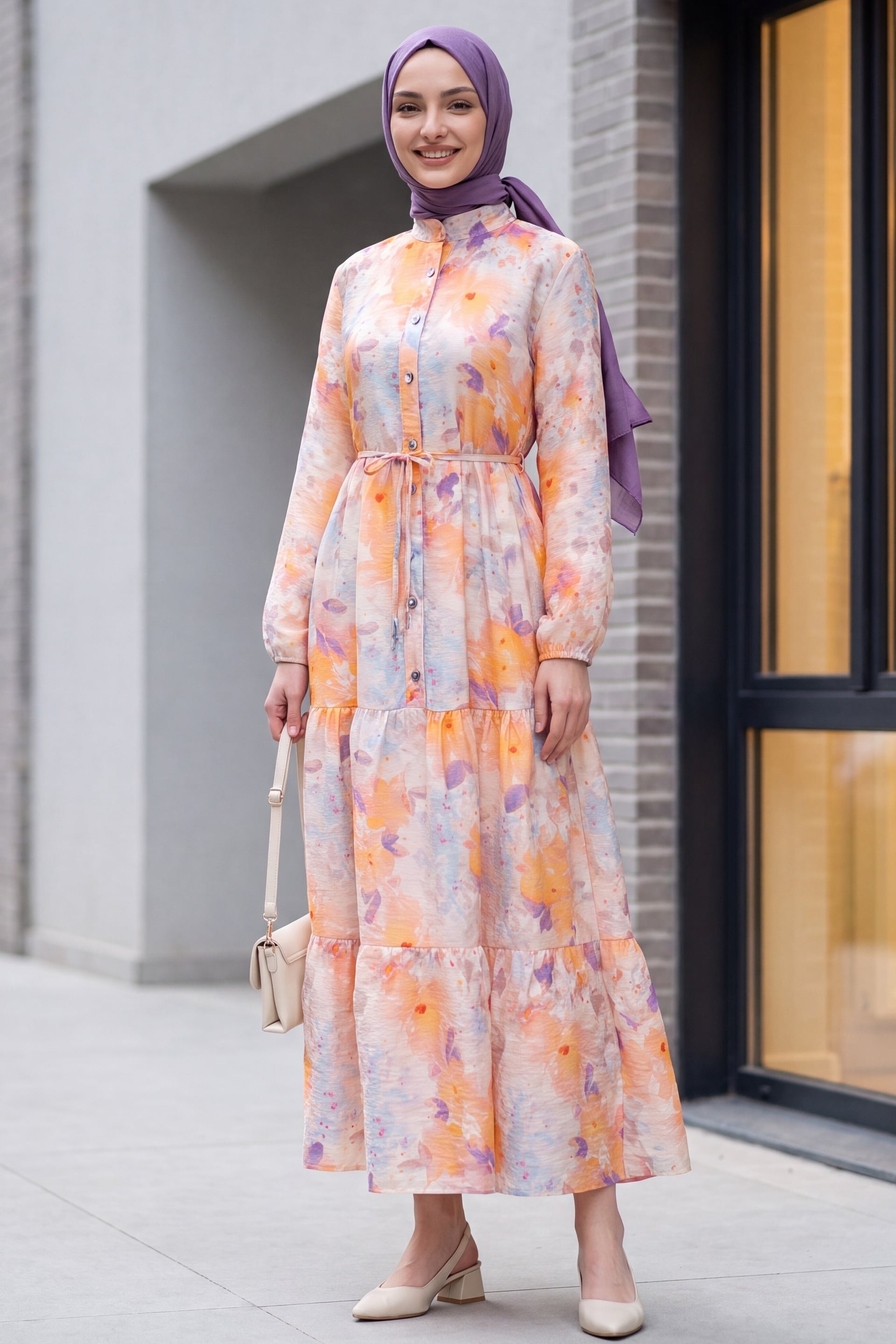 Women's Collared Button-Front Tiered Floral Maxi Dress with Elasticated Cuffs - Salmon Pink - Podyumplus - by Peralane - photo 4