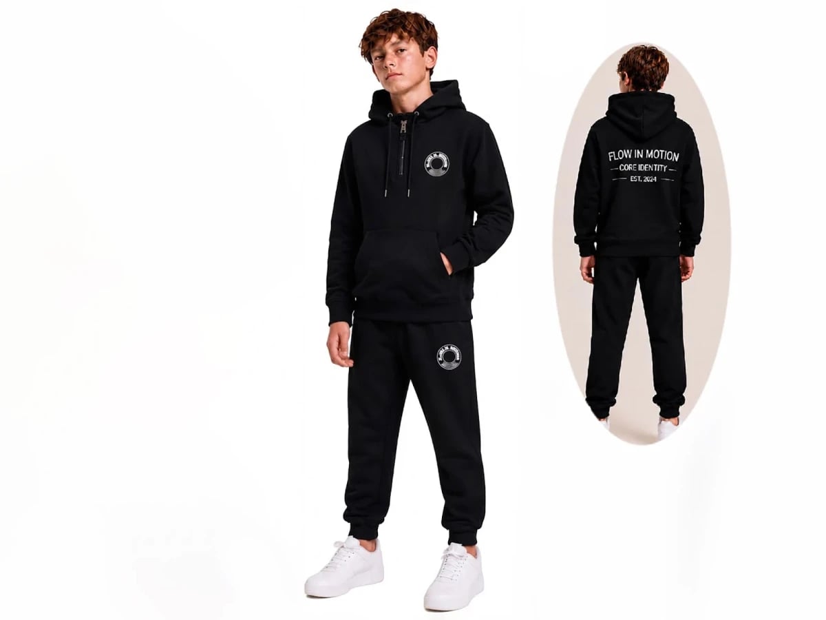 Boys' Hooded Sweatshirt and Jogger Set with Kangaroo Pocket - Black - Koska - by Peralane
