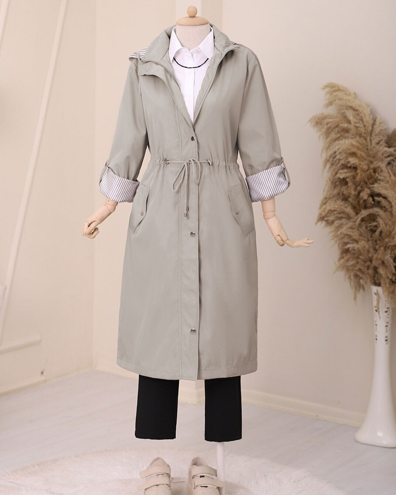 Grey Hooded Trench Coat with Striped Lining - Podyumplus - by Peralane - photo 4