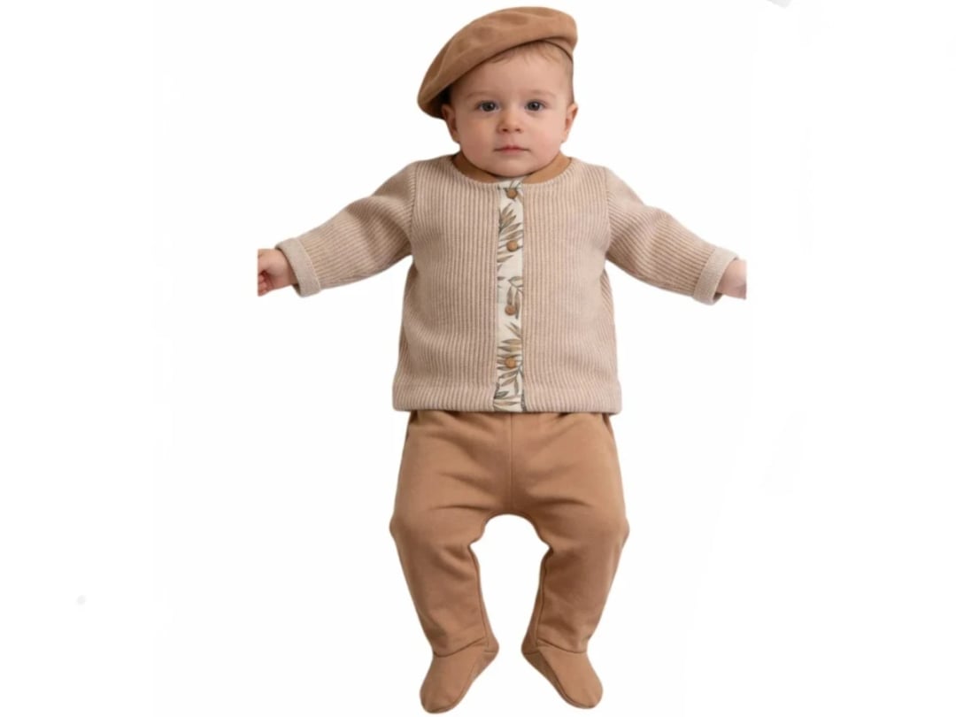 Ribbed Knit Cardigan and Footed Trousers Set for Newborn Boys - Beige - Beyaz Bebek - by Peralane