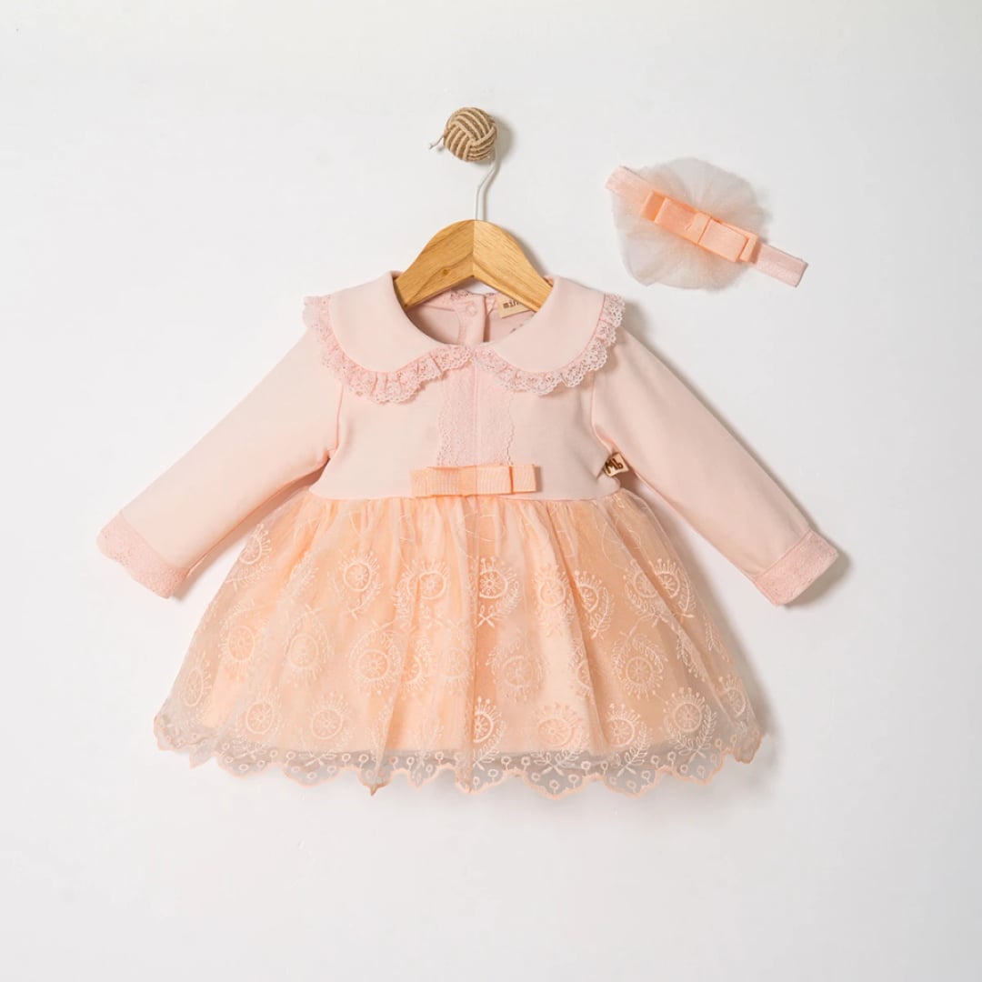 Baby Girl's Dress and Headband Set - Pale Pink with Peach Lace Overlay - Miniborn - by Peralane