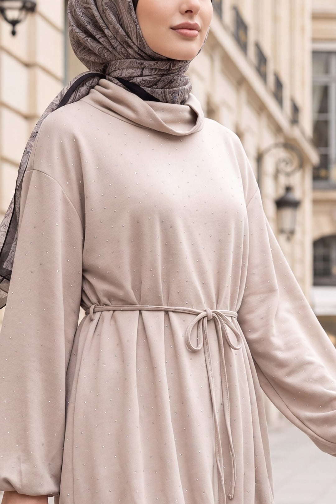 Half-Neck Drawstring Waist Sweatshirt Tunic - Light Beige - Podyumplus - by Peralane - photo 3